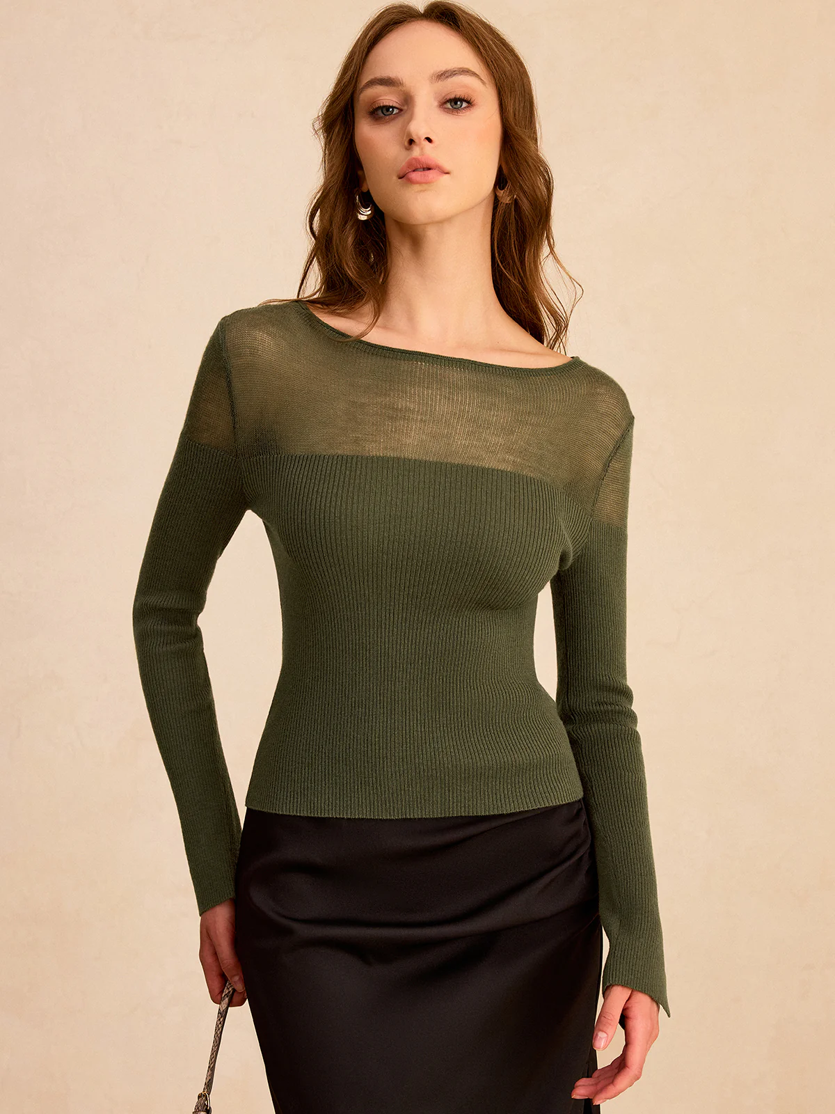 Sheer-Paneled Boat Neck Knit Top - Wholesalesil