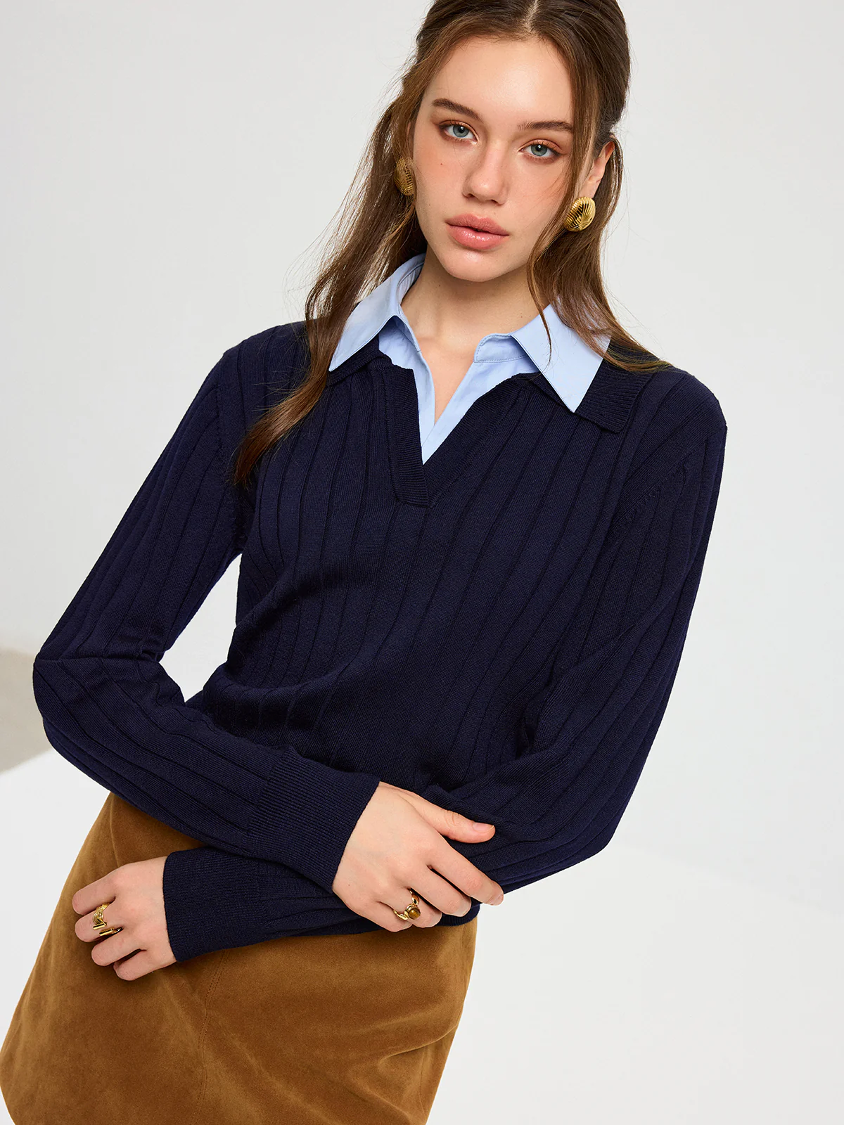 Shirt Collar Panel Knit Top - Wholesalesil