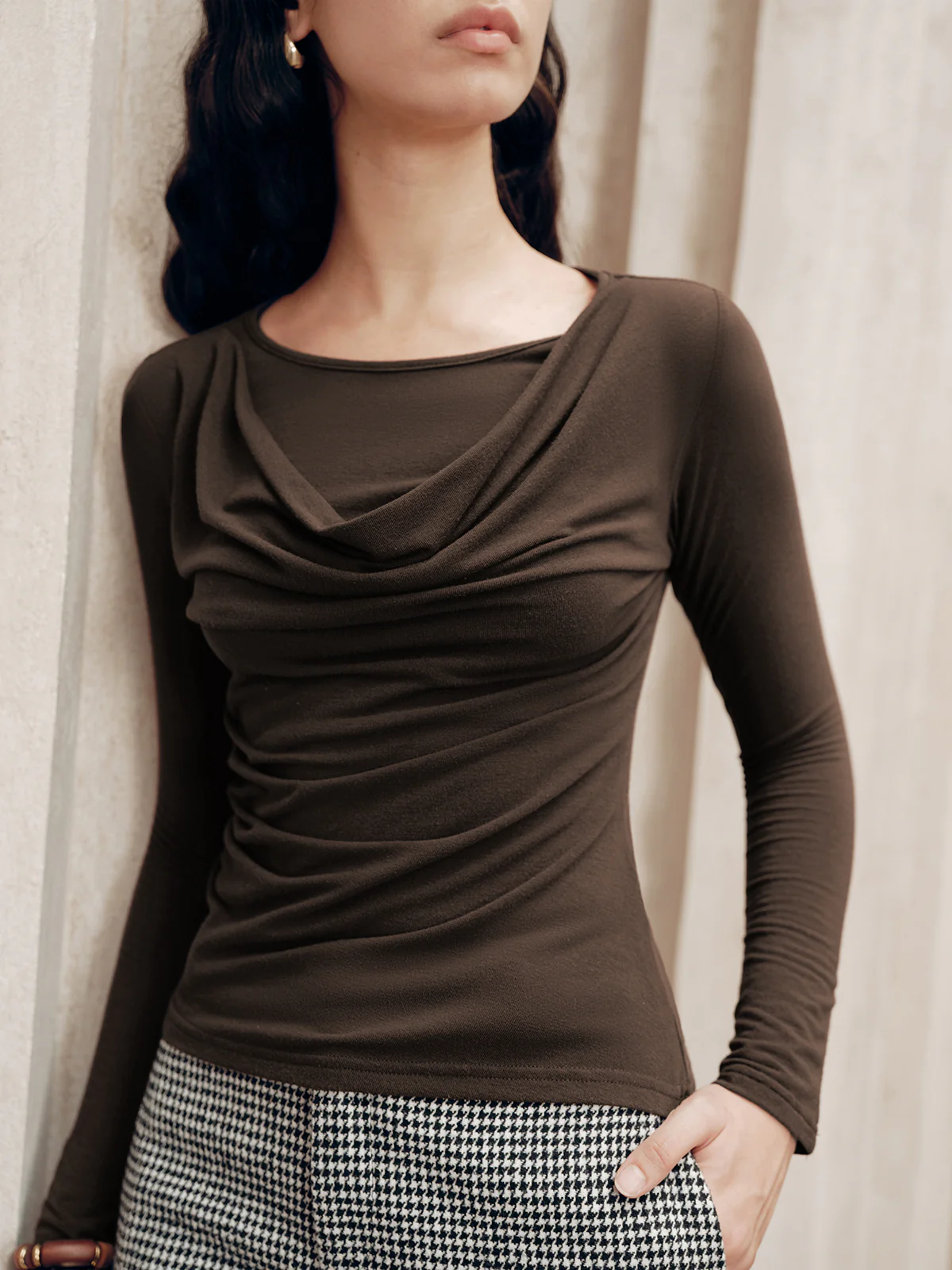 Long Sleeve Draped Crew Neck Top - Wholesalesil