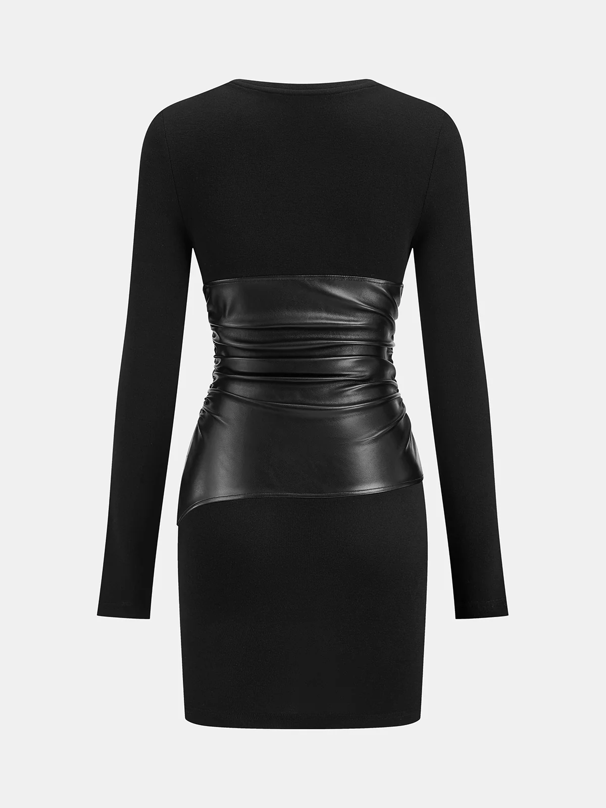 PU Leather Panel Long Sleeve Knit Dress - Wholesalesil