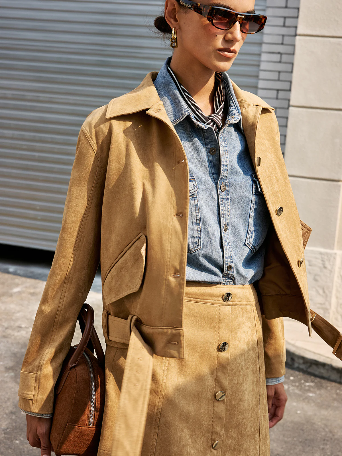 Belted Collared Suede Effect Jacket - Wholesalesil