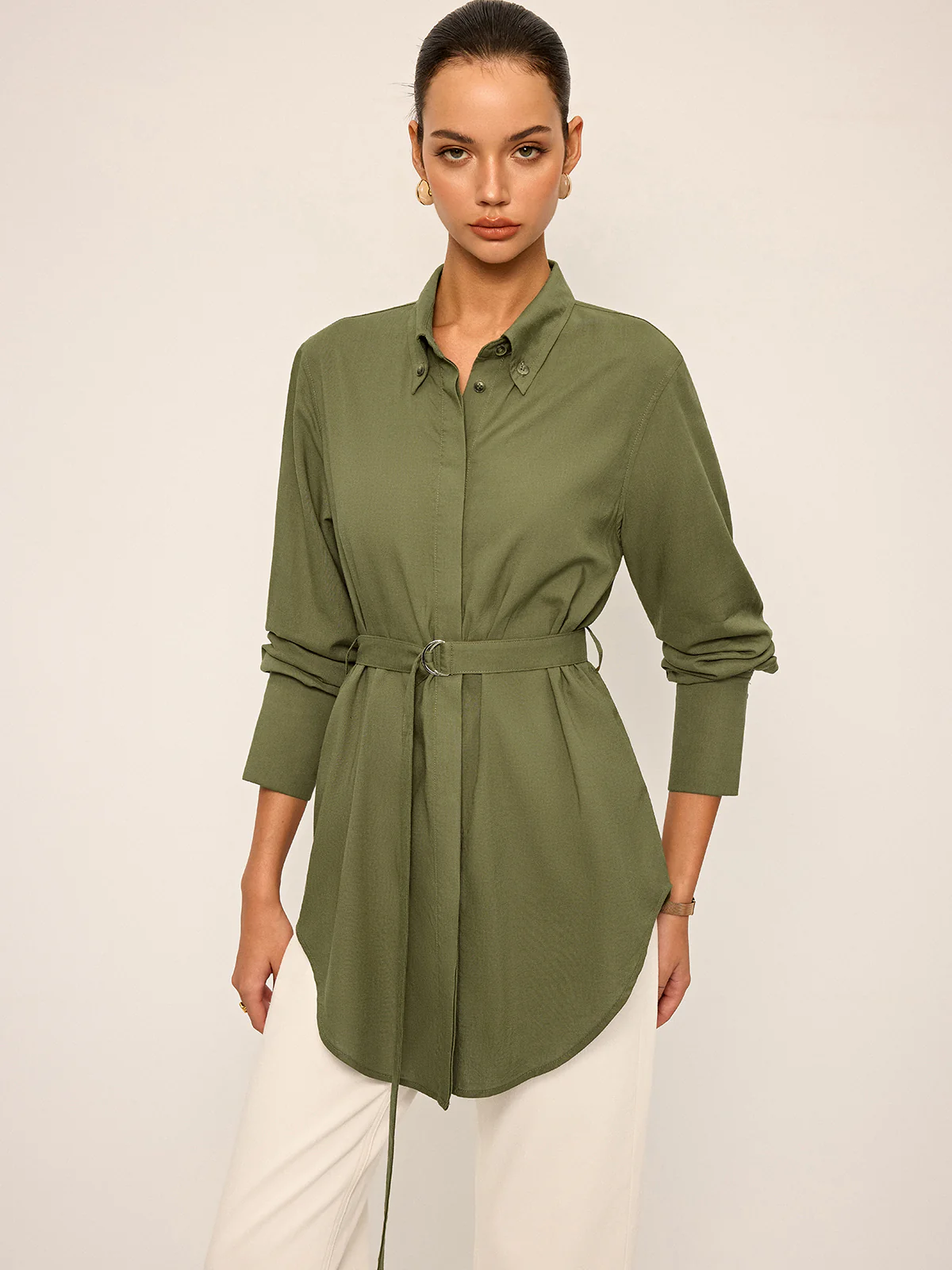 Cotton & Linen Belted Long-Sleeve Shirt - Wholesalesil