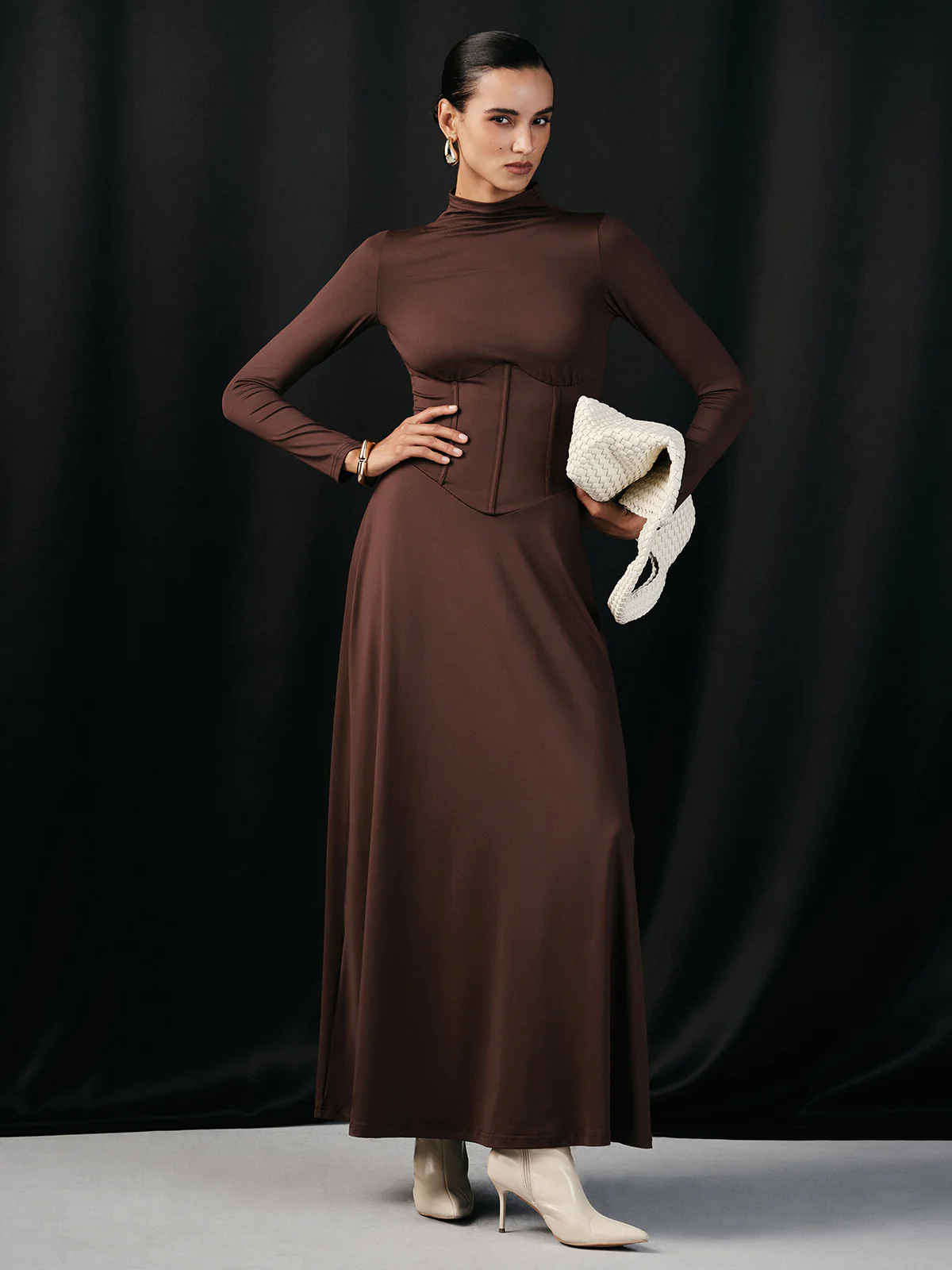 Mock Neck Corset Waist Long Sleeve Maxi Dress - Wholesalesil