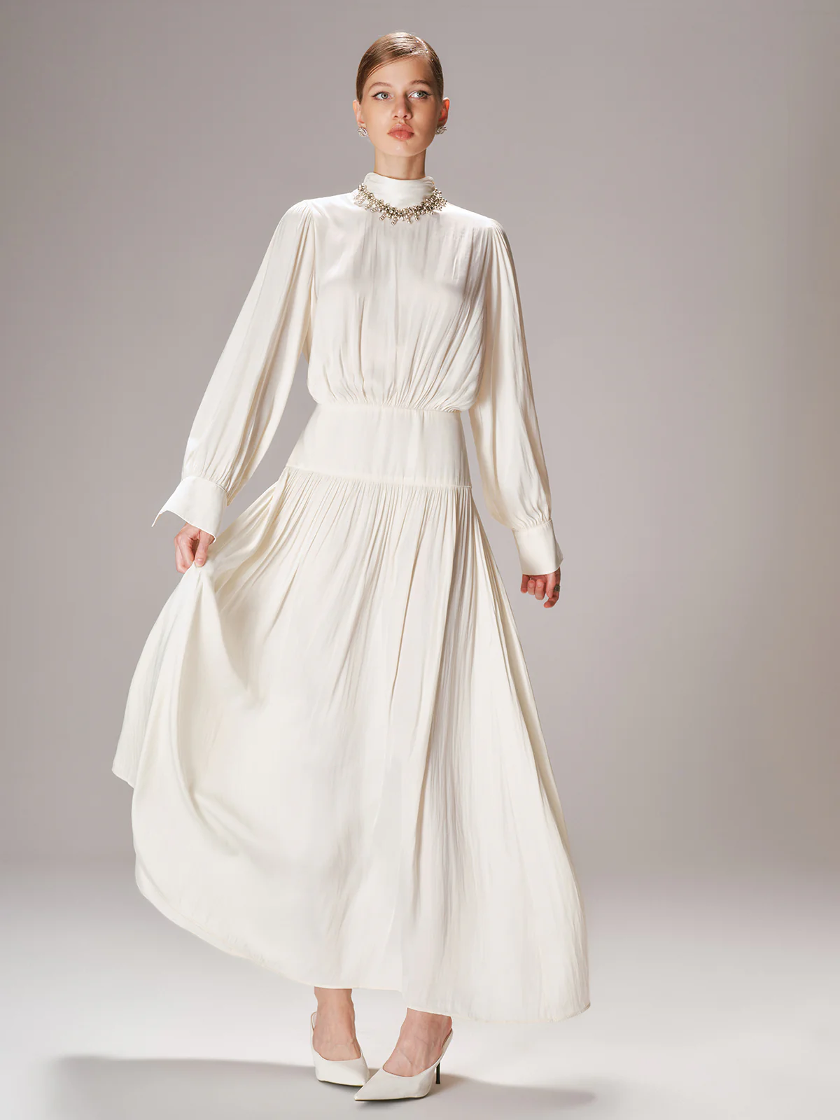 High Neck Long-Sleeve Maxi Dress - Wholesalesil