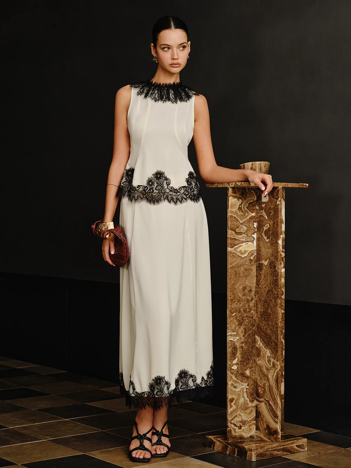 Lace Trim Top and Maxi Skirt Set - Wholesalesil