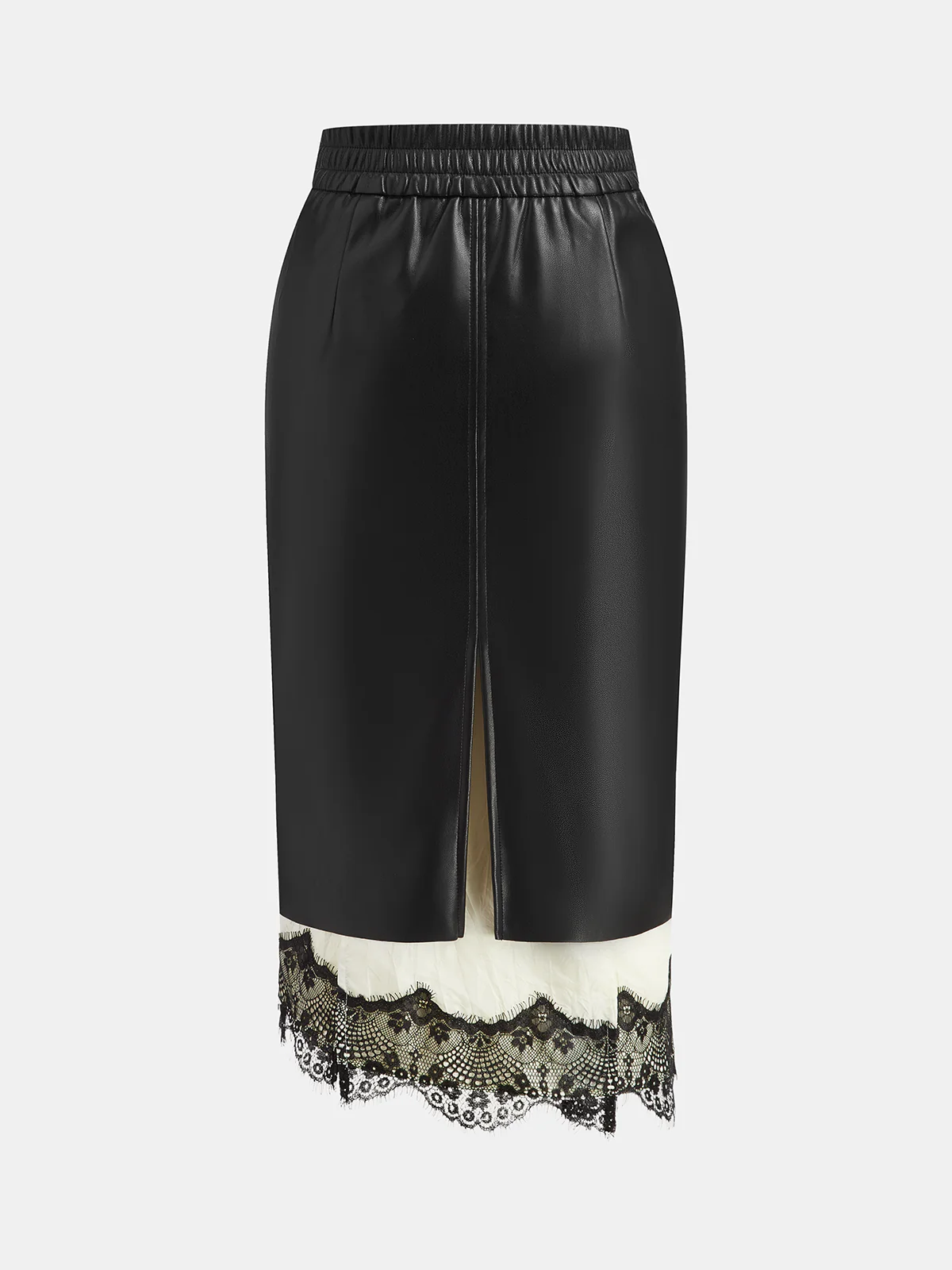 Lace Hem Faux Leather Midi Skirt - Wholesalesil