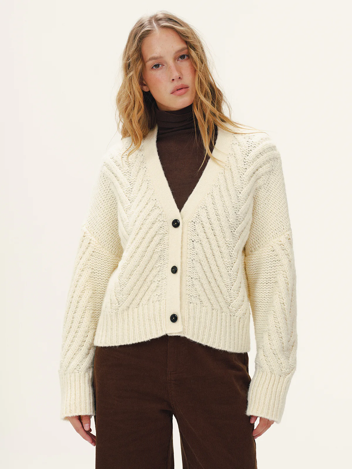Wool Blend Cable Knit V-Neck Button Cardigan - Wholesalesil