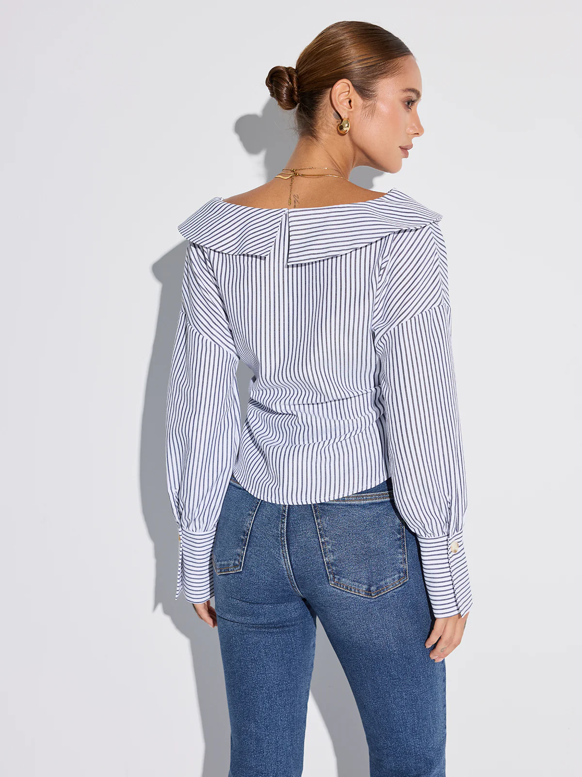 Striped Asymmetrical Placket Button Shirt - Wholesalesil