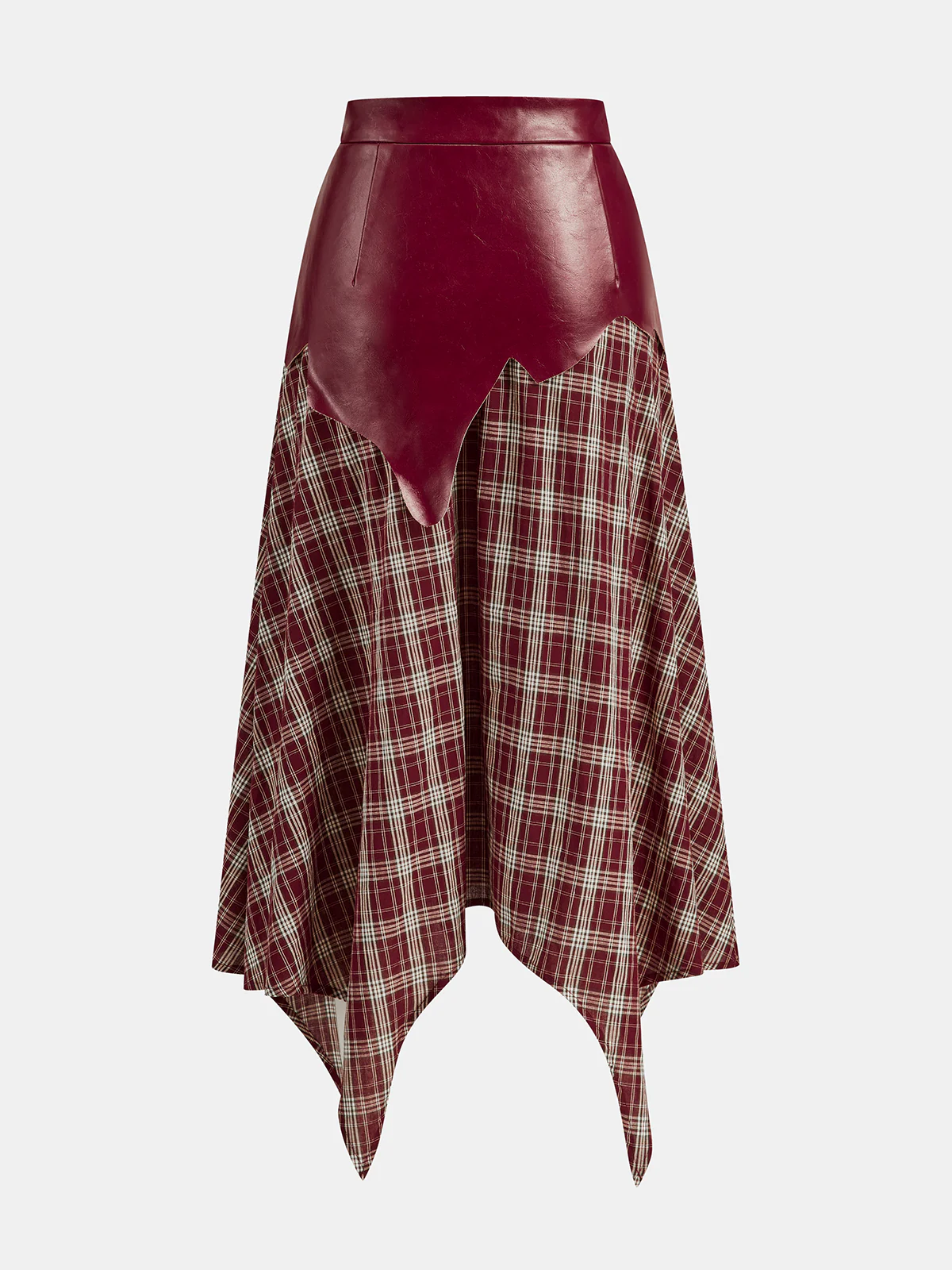 Faux Leather Panel Asymmetric Plaid Midi Skirt - Wholesalesil