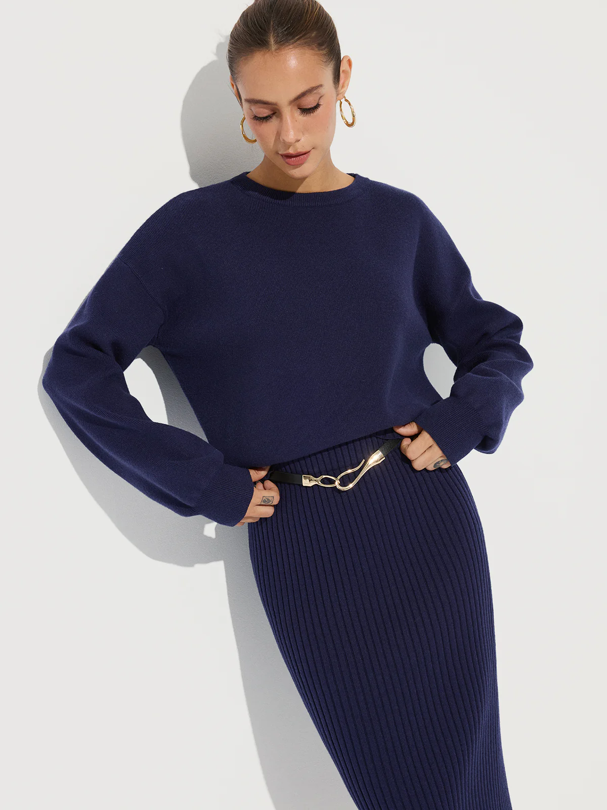 Crew Neck Knit Sweater and Ribbed Midi Skirt - Wholesalesil