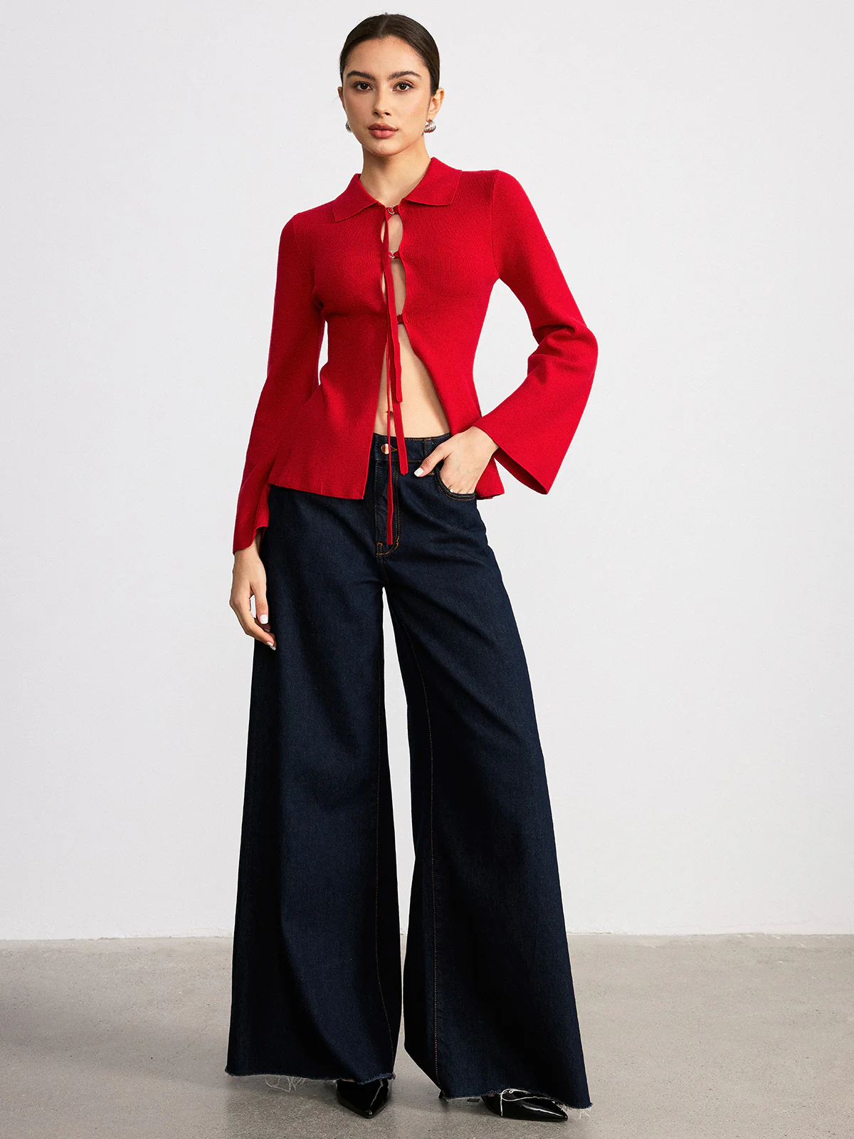 Adjustable Tie Detail Collared Knit Top - Wholesalesil