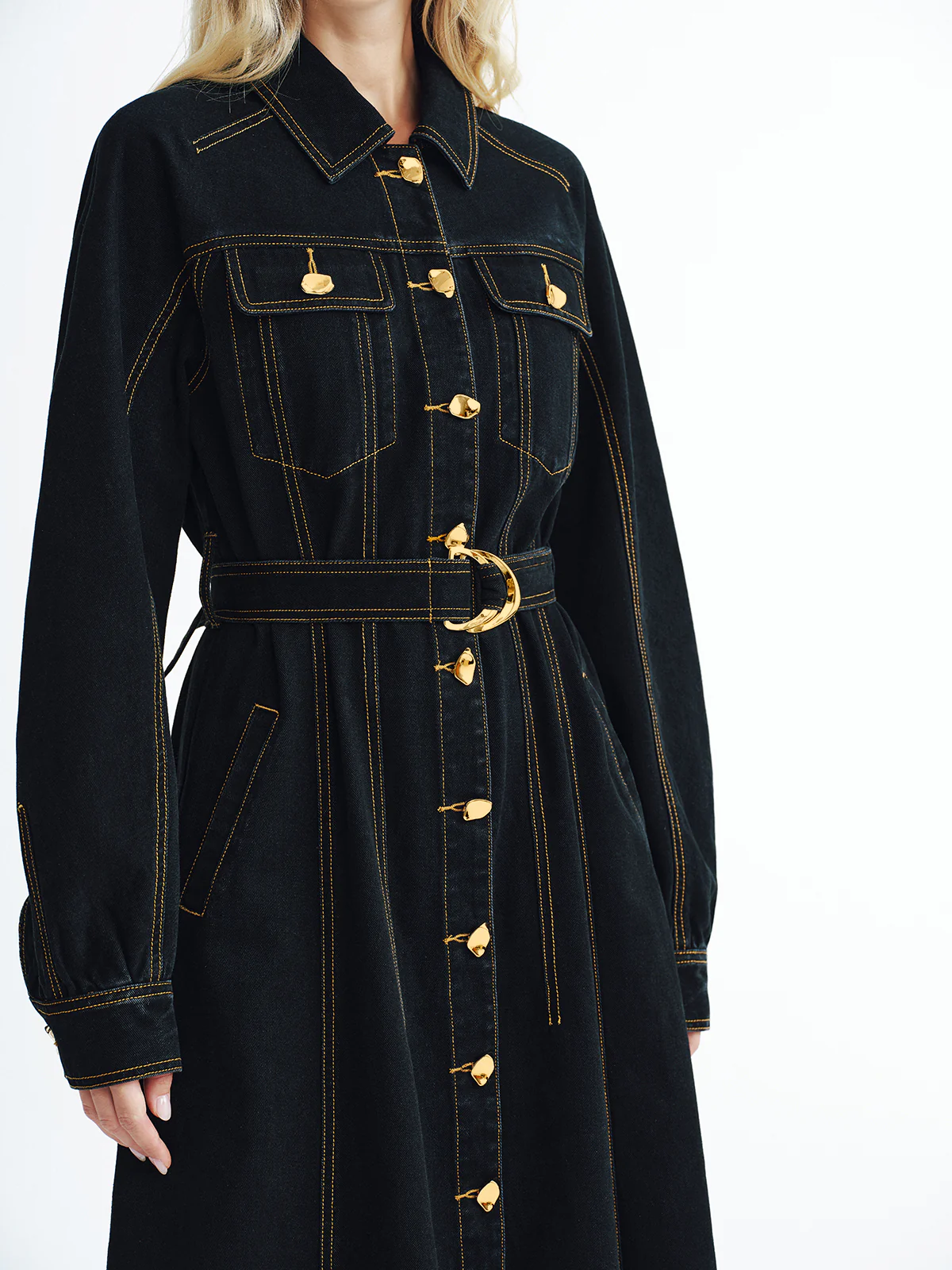 Metal Button Denim Belted Maxi Shirt Dress - Wholesalesil