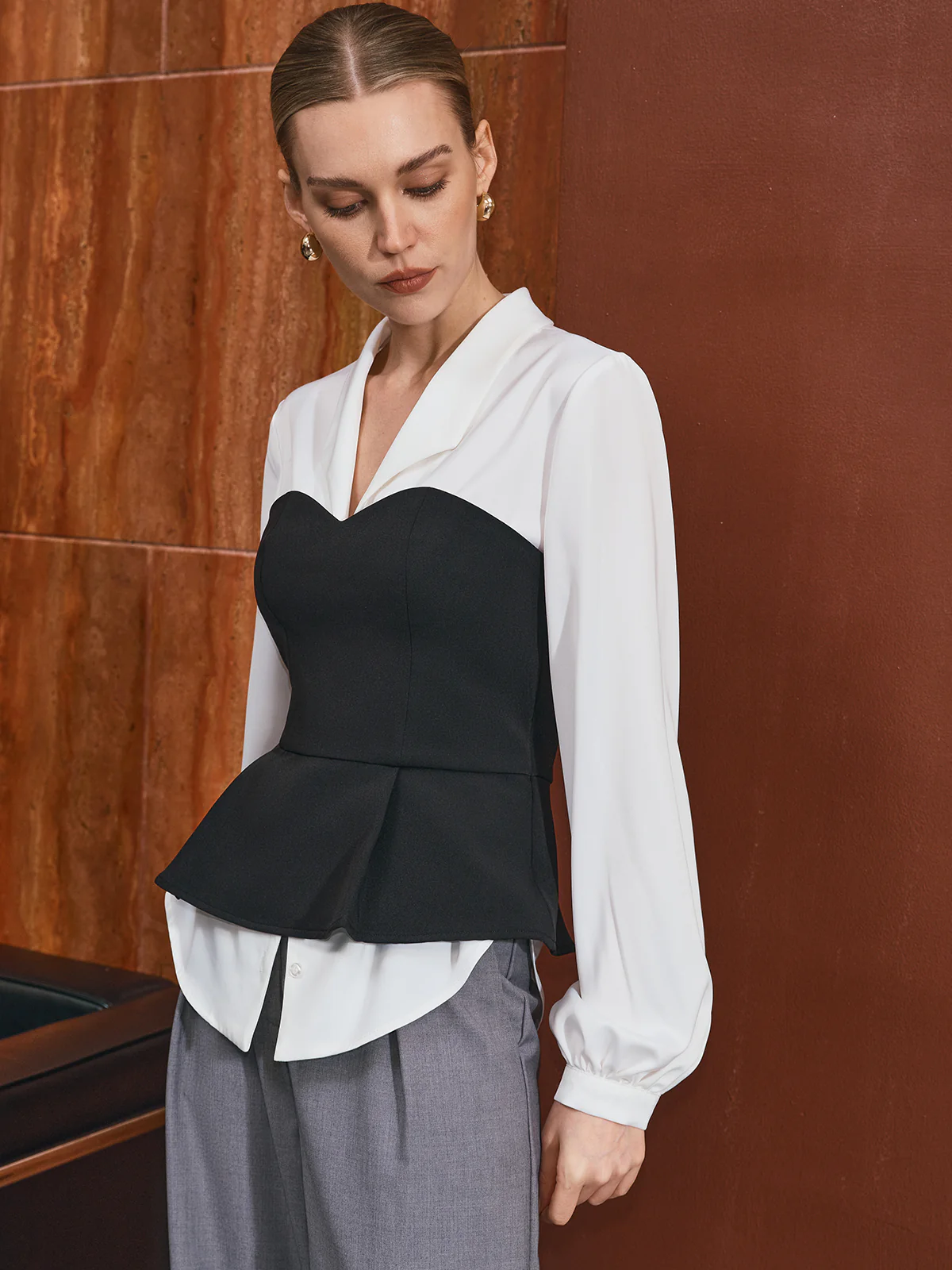Two-Piece Collared Corset Shirt with Peplum Hem - Wholesalesil