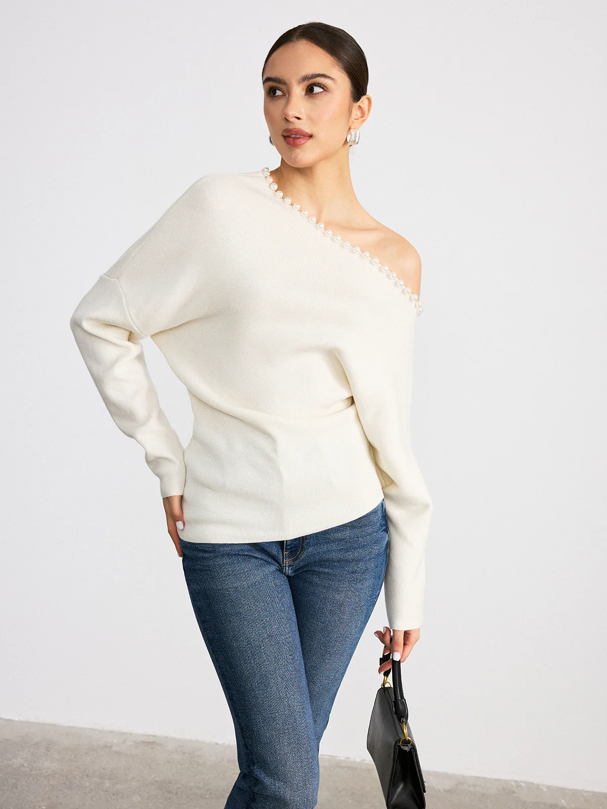 Off-Shoulder Pearl Embellished Wool Blend Sweater - Wholesalesil
