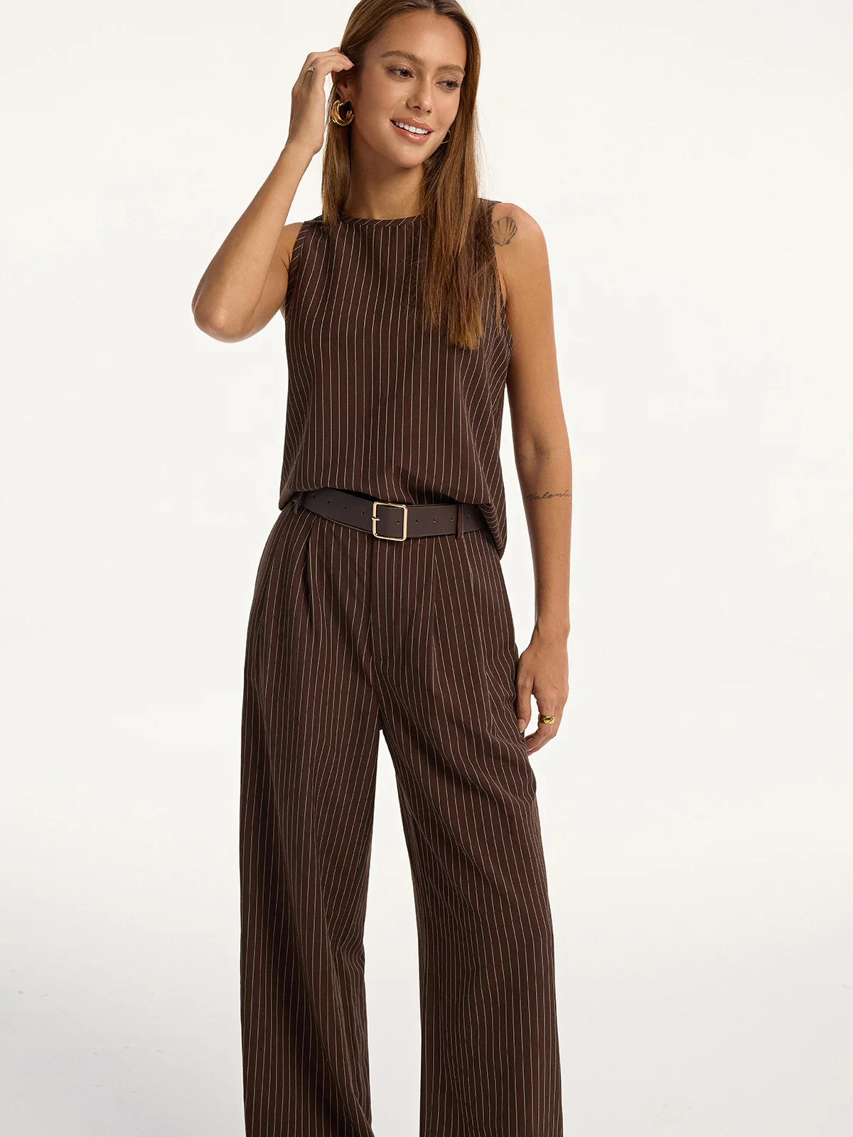 Pinstripe Sleeveless Top and Pants Set with Belt - Wholesalesil
