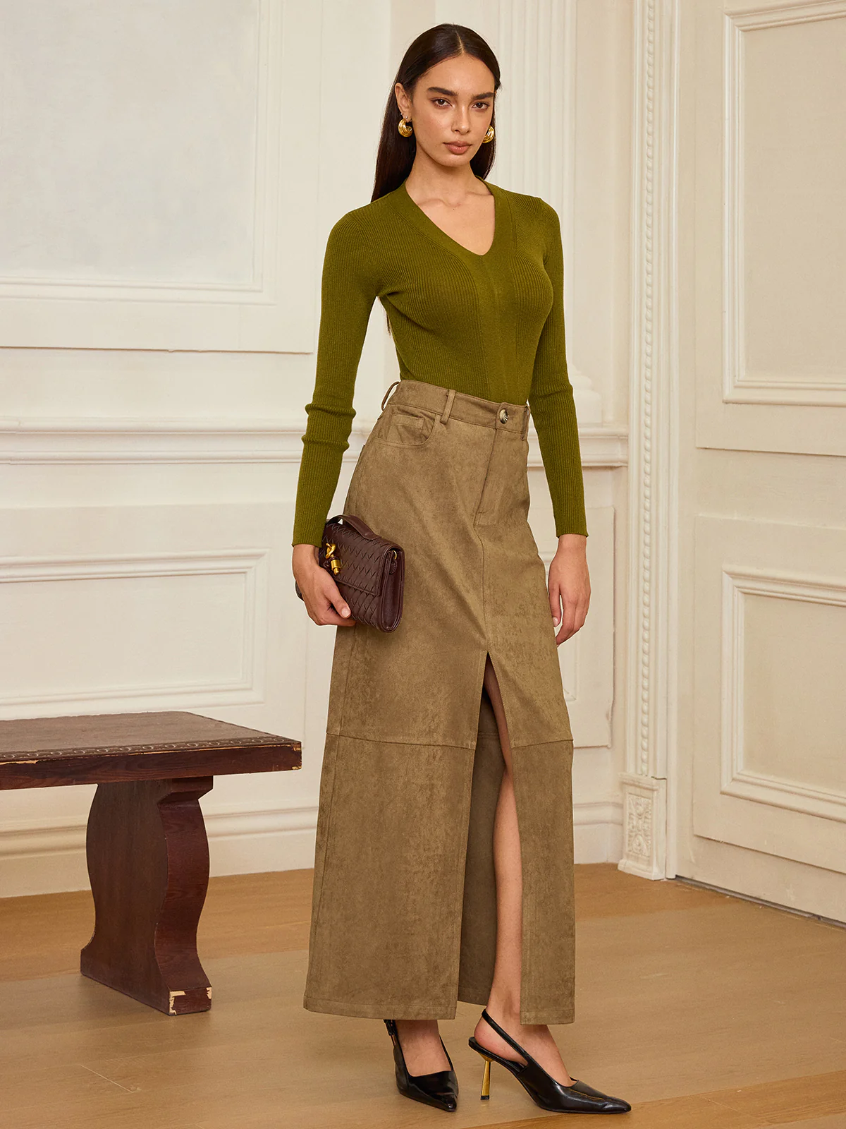 Suede Effect Slit-Front Maxi Skirt - Wholesalesil