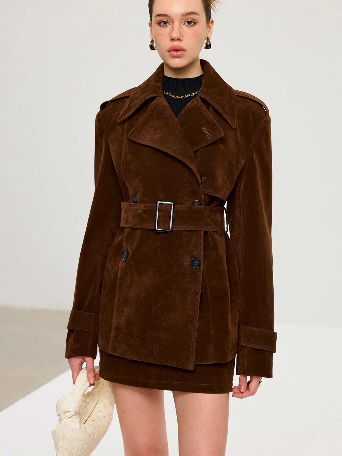 Belted Suede Effect Trench Coat - Wholesalesil