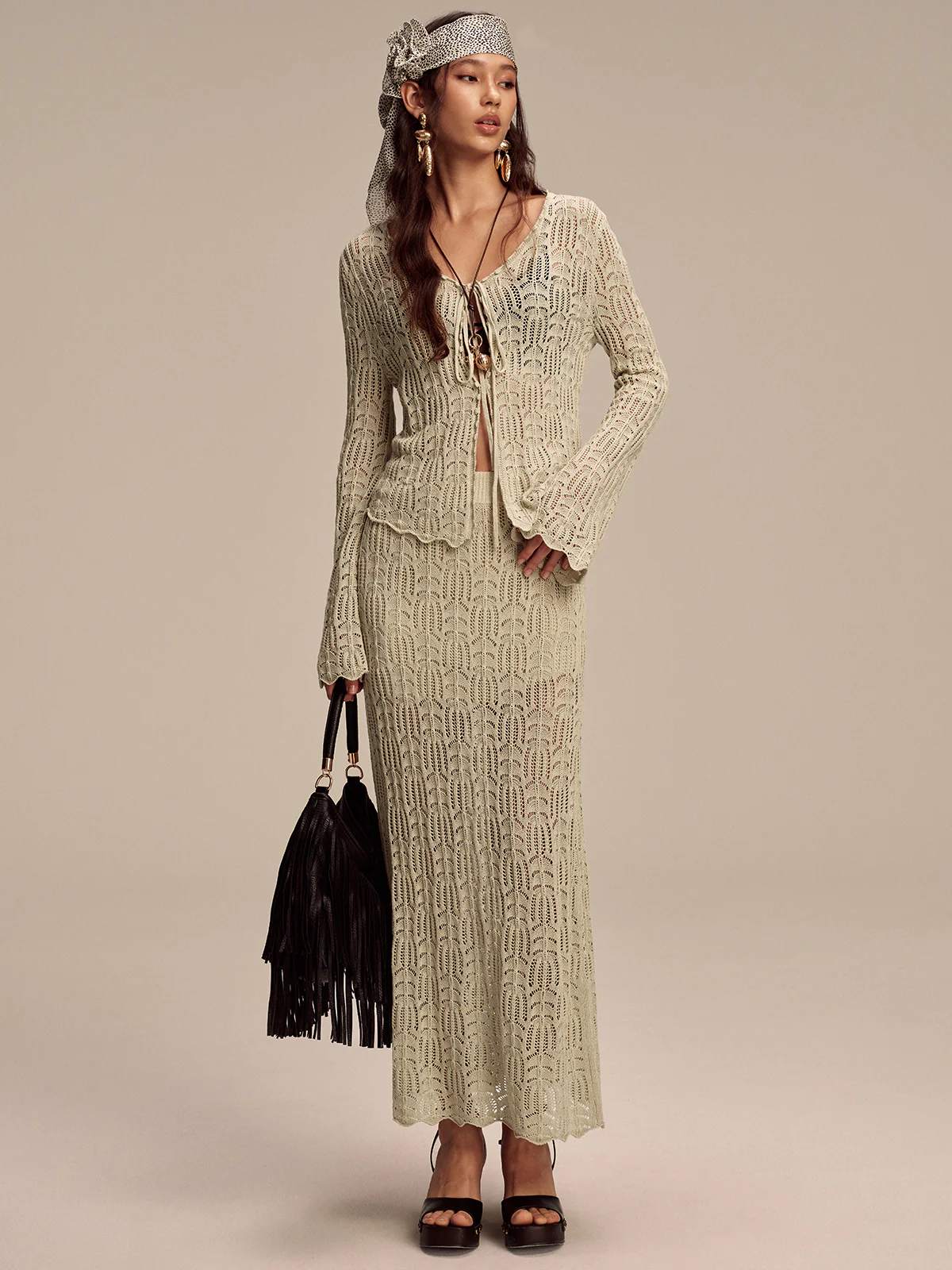 Tencel Flared Sleeve Knit Skirt Set - Wholesalesil