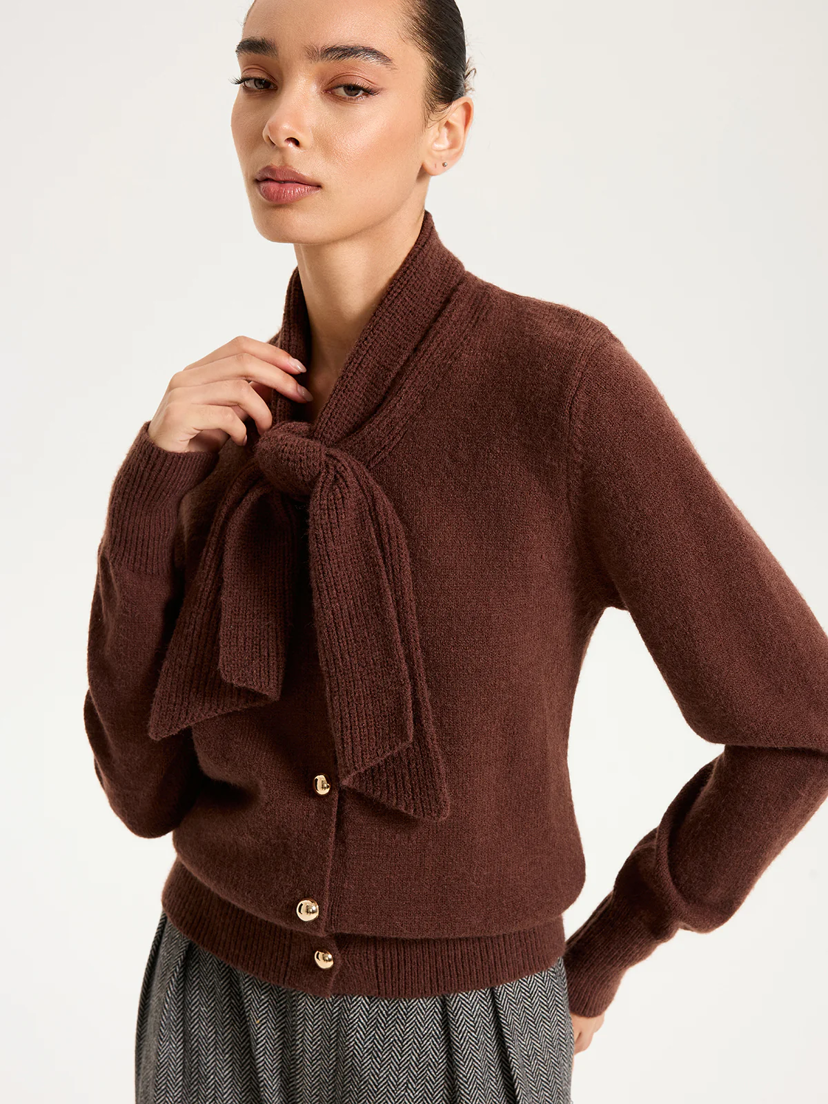 Tie-Neck Metal Button Knit Cardigan - Wholesalesil