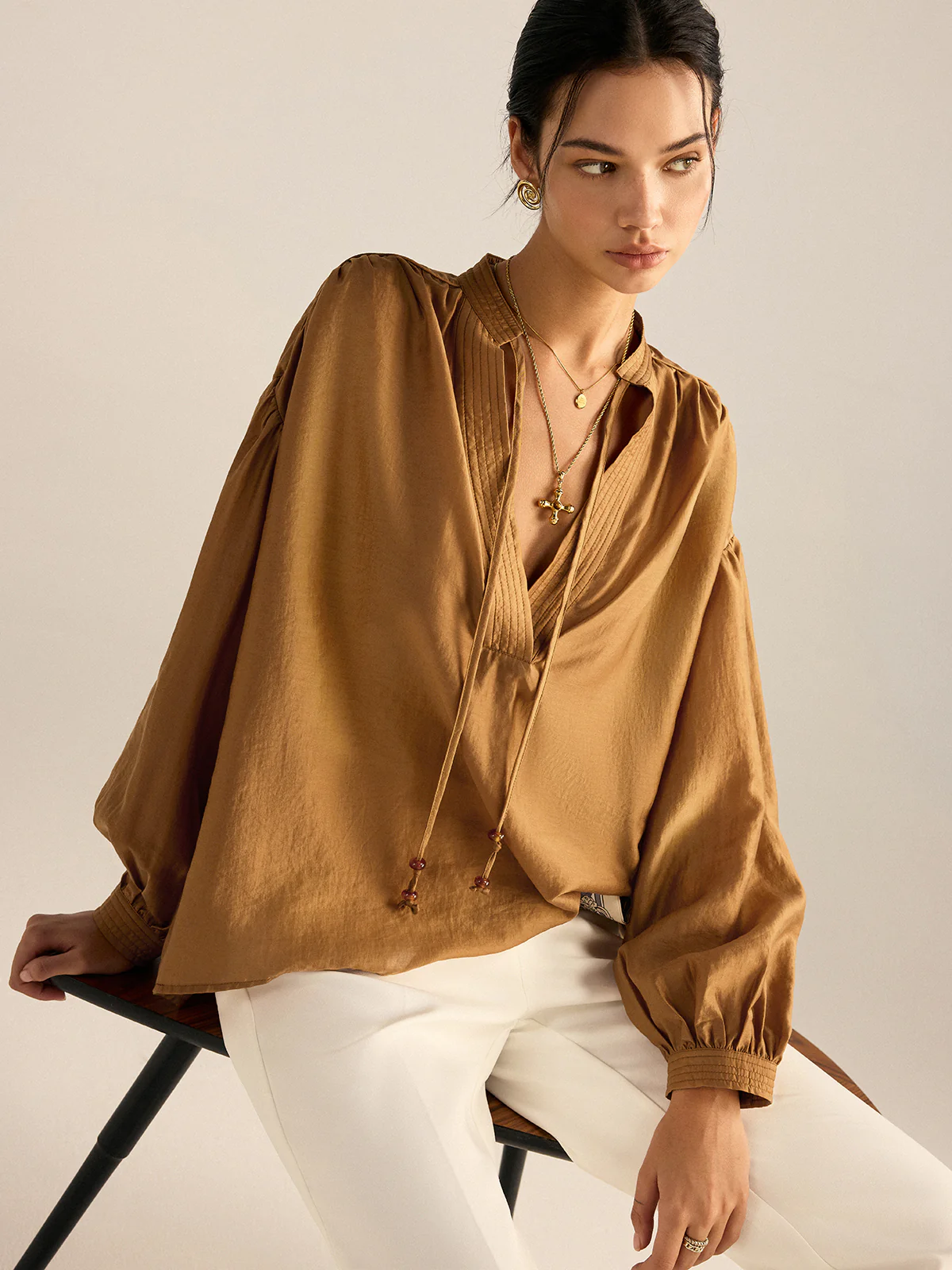 Oversized Tencel Tie Neck Blouse - Wholesalesil