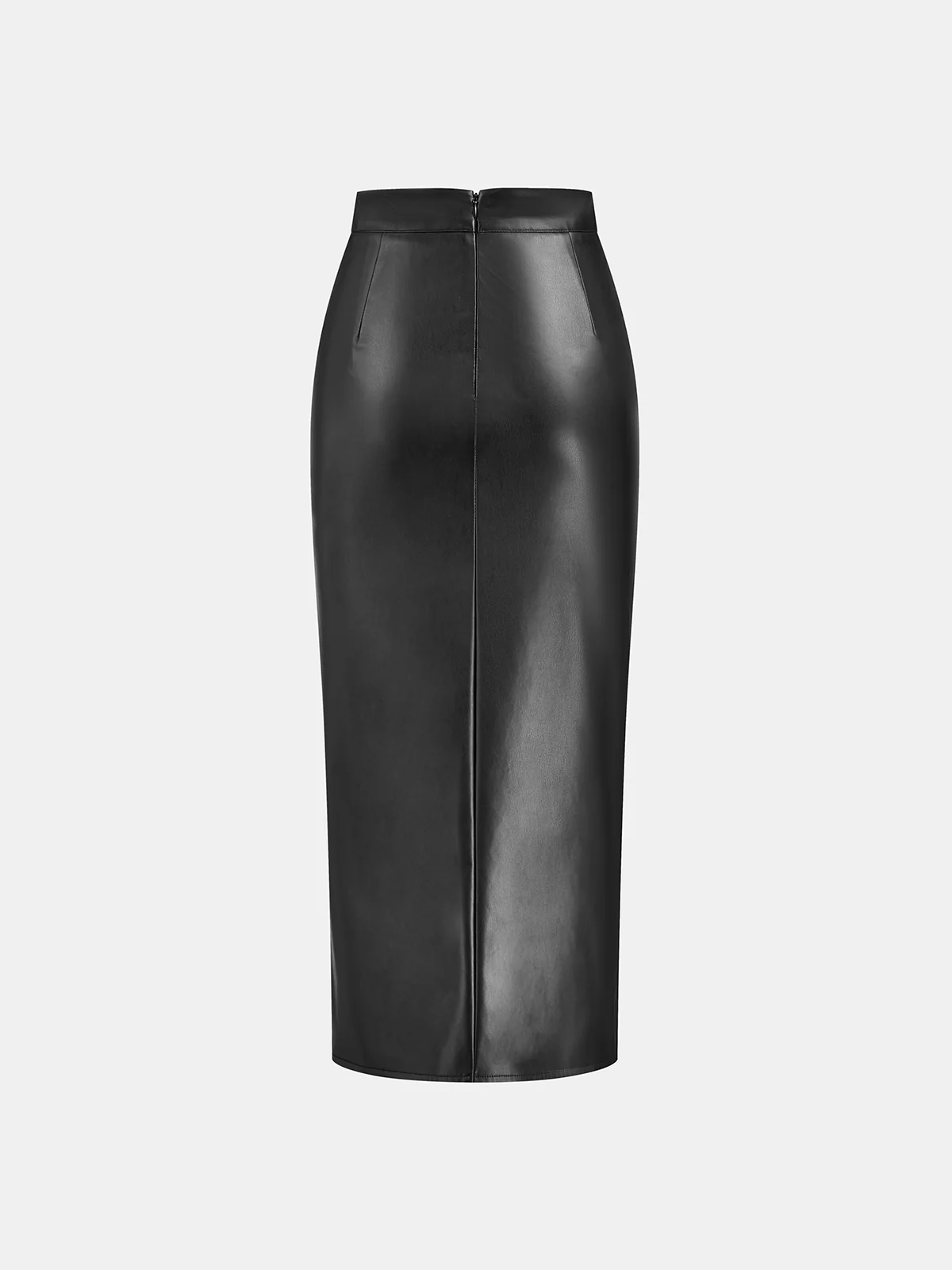 Ruched Slit PU Leather Midi Skirt - Wholesalesil
