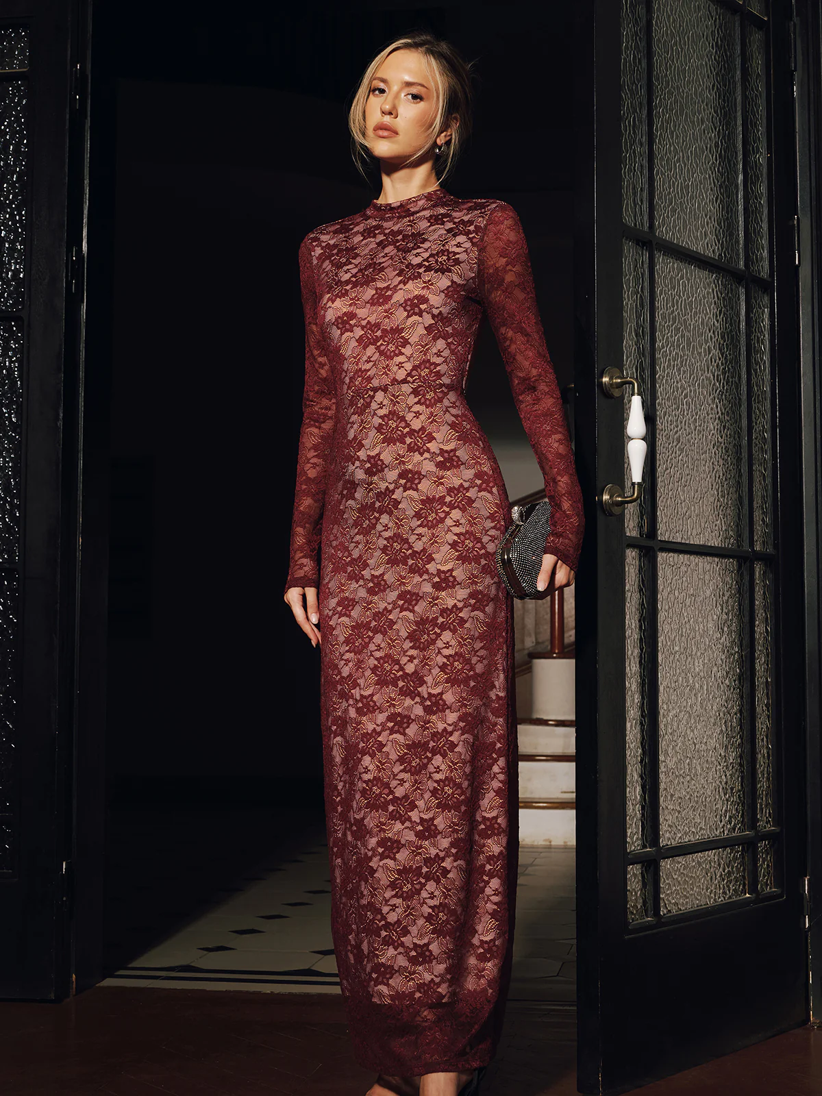 Lace Long Sleeve Fitted Backless Maxi Dress - Wholesalesil