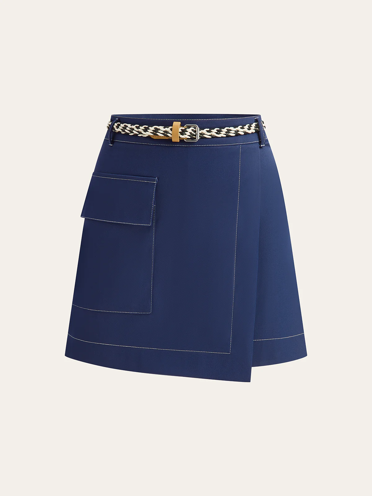 Contrast-Stitch Asymmetric Skort with Belt - Wholesalesil