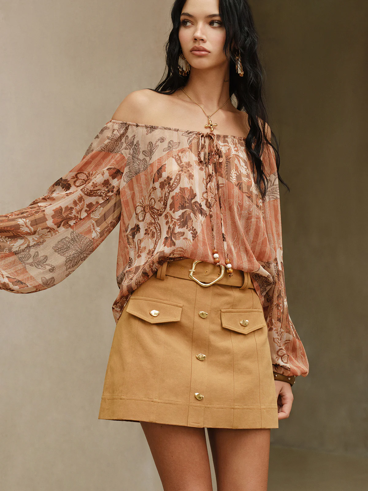 Metal Button Belted Mini Skirt with Decor Pocket - Wholesalesil