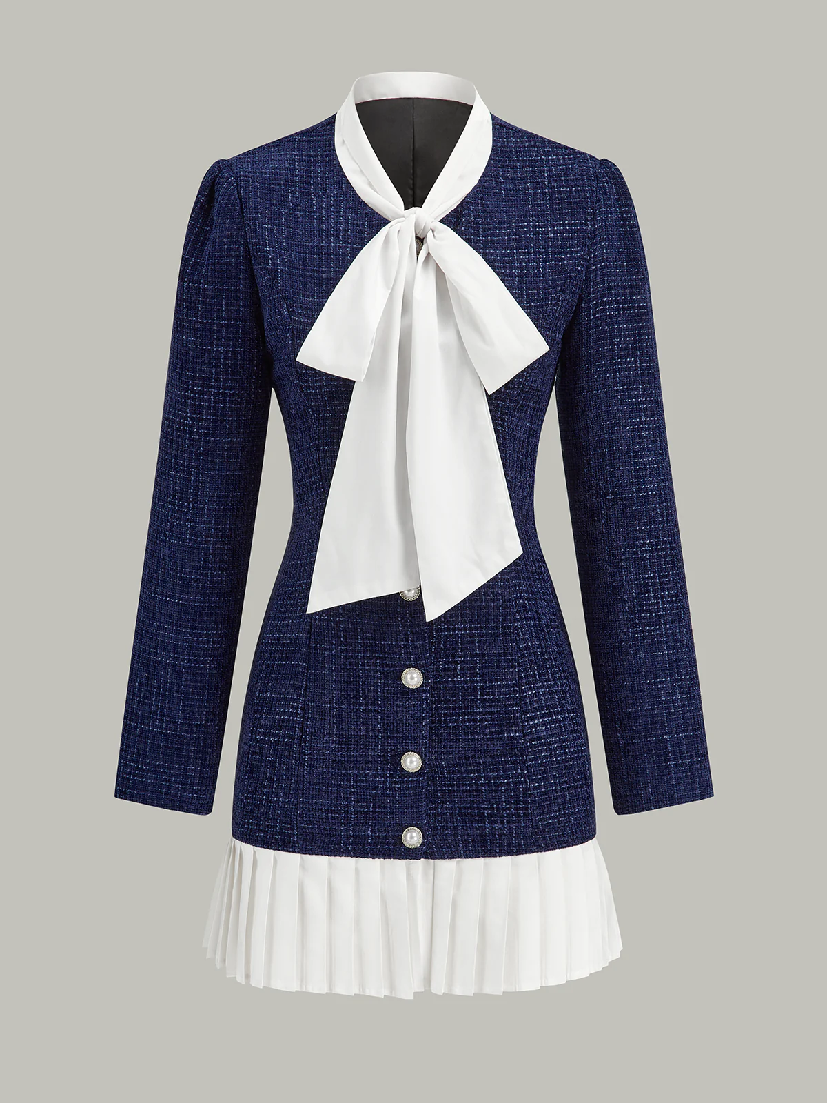 Pleated Hem Bow Neckline Tweed Mini Dress - Wholesalesil