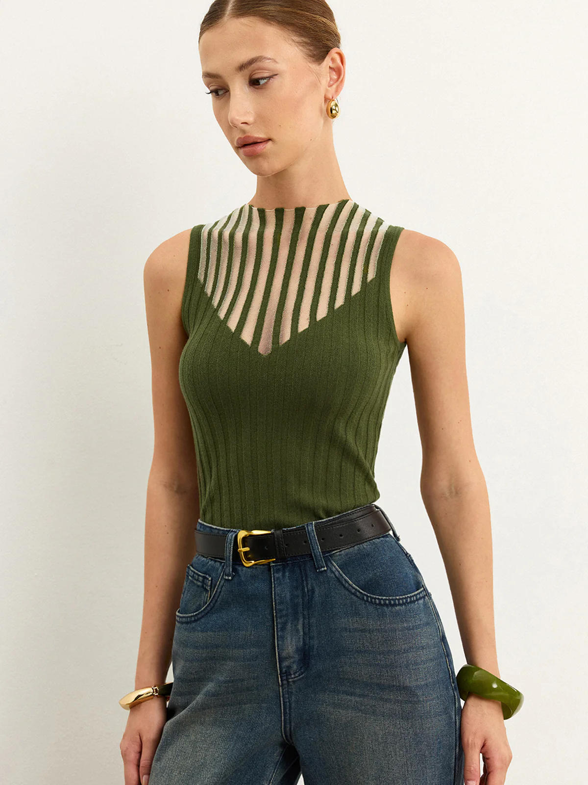Sleeveless Top with Striped Sheer Detail - Wholesalesil