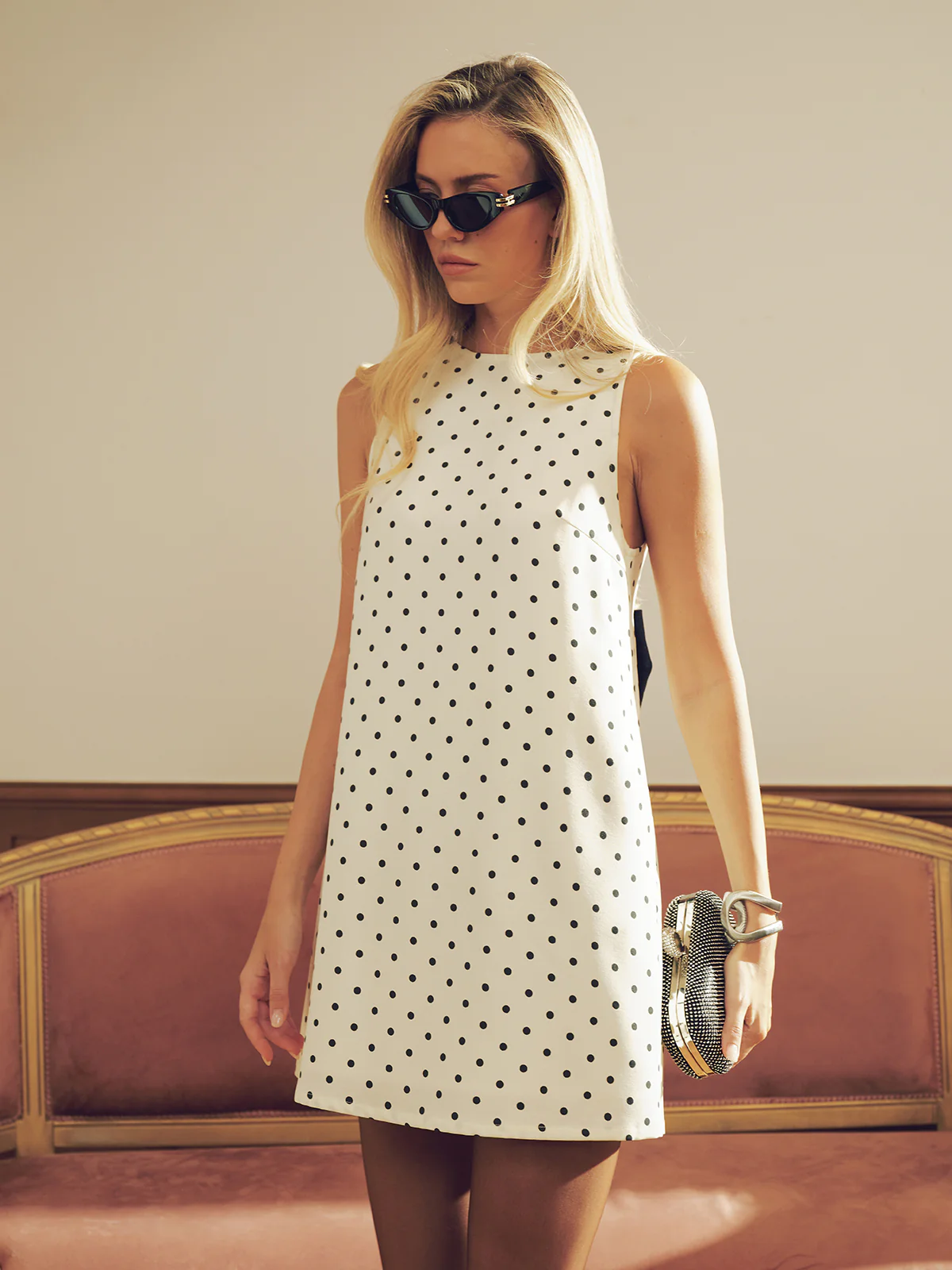 Polka Dot Mini Dress with Back Bow Detail - Wholesalesil