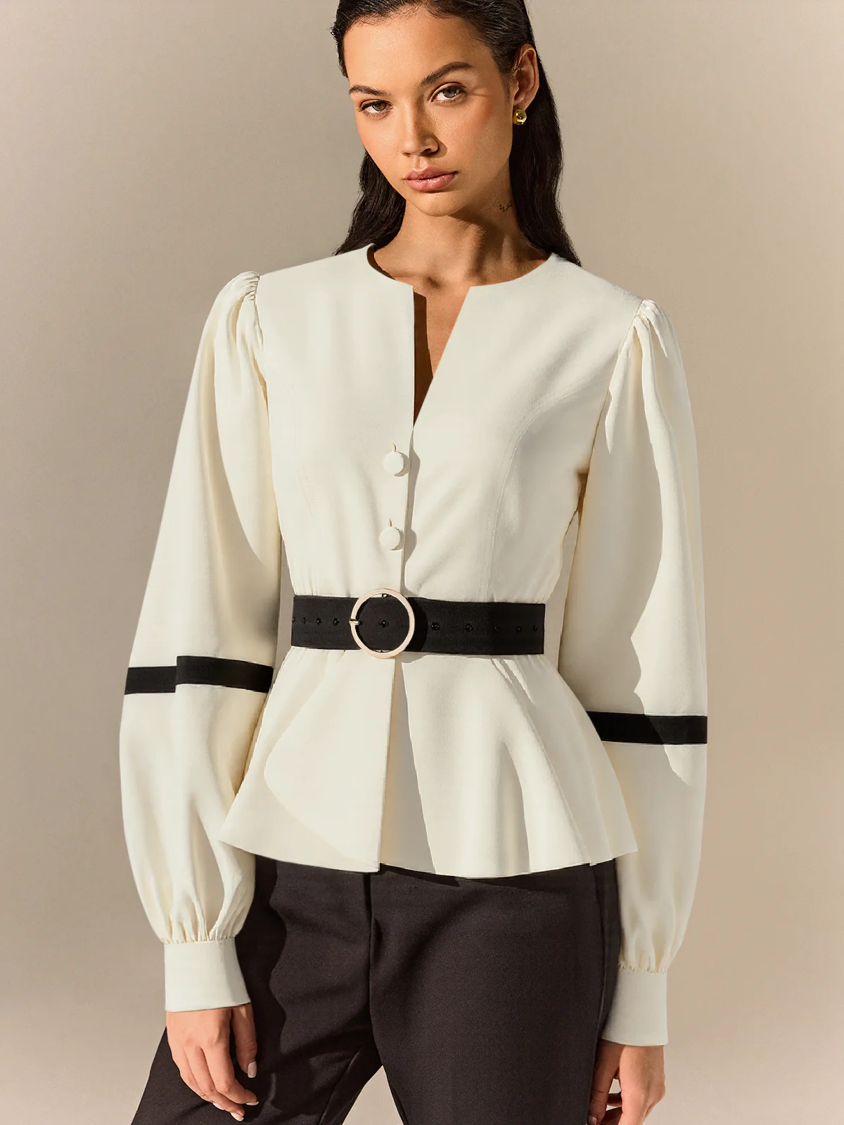 Contrast Belted Balloon Sleeve Shirt - Wholesalesil