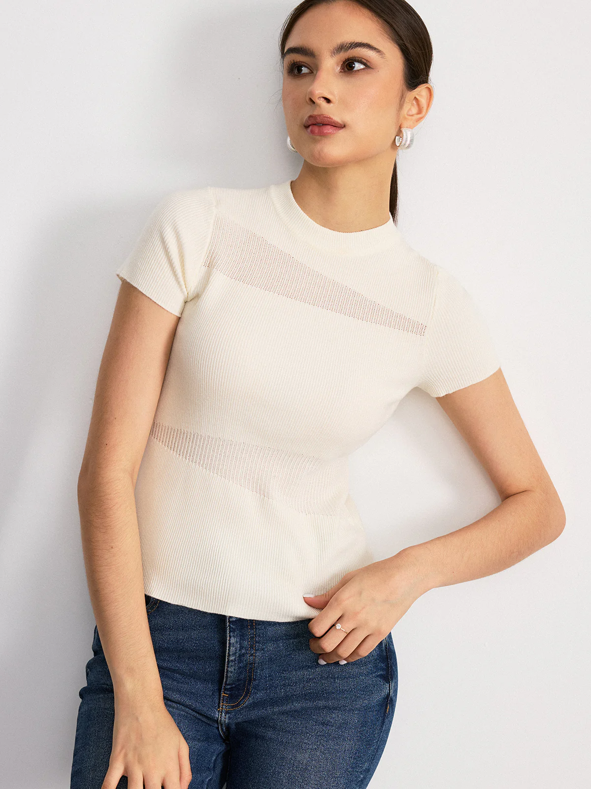Sheer Panel Mock Neck Short Sleeve T-Shirt - Wholesalesil