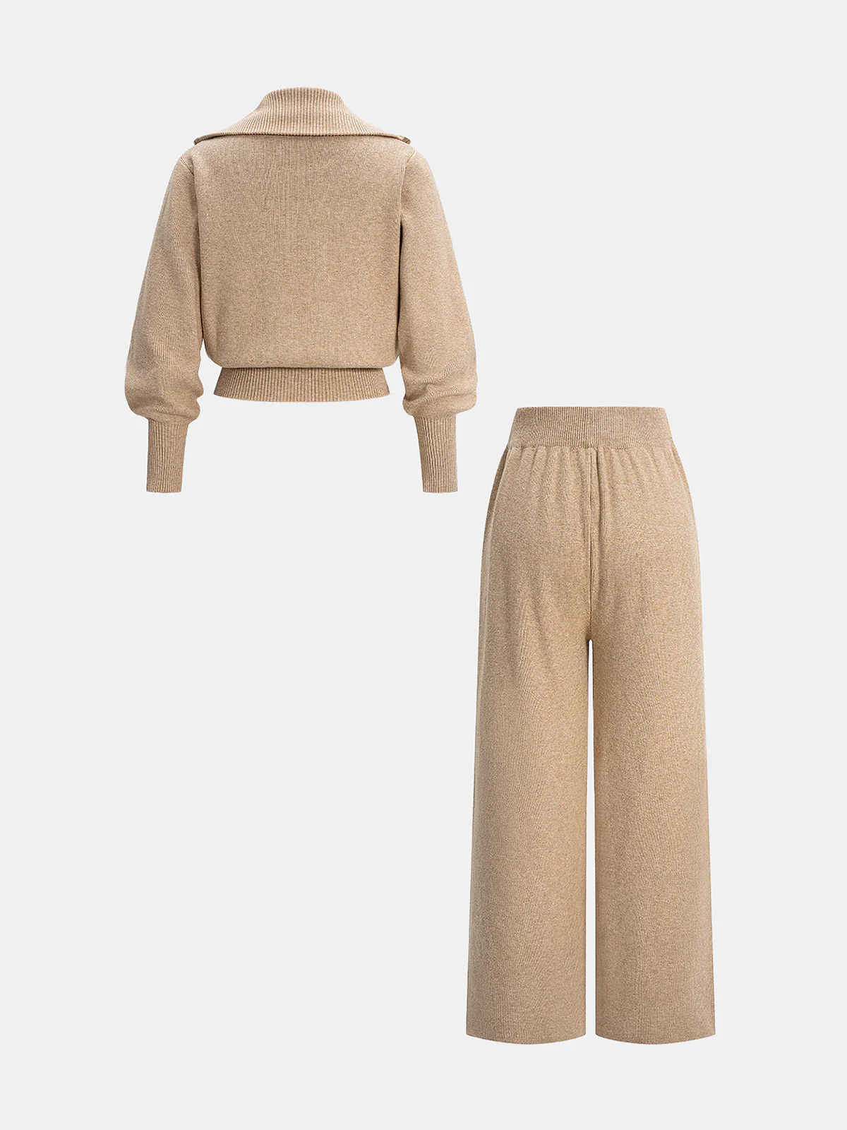 Knitted Zip-Up Jacket and Wide-Leg Pants Set - Wholesalesil