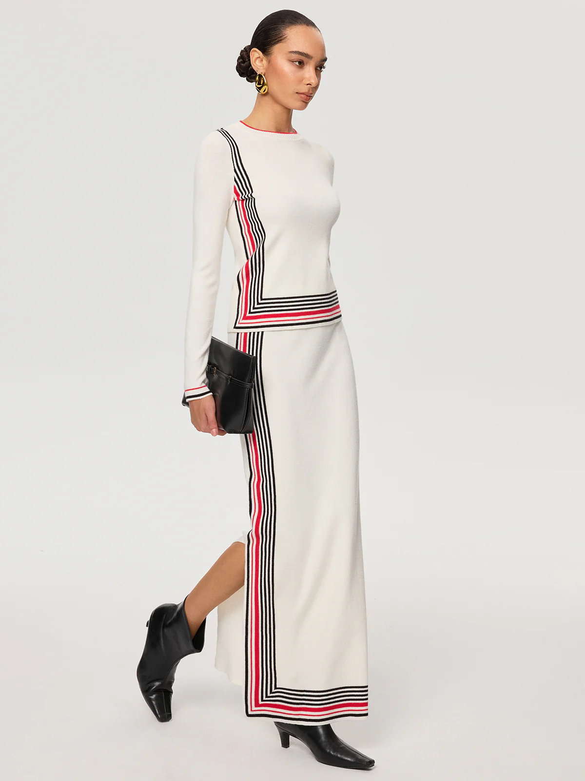 Striped Wool-Blend Slit Maxi Skirt - Wholesalesil