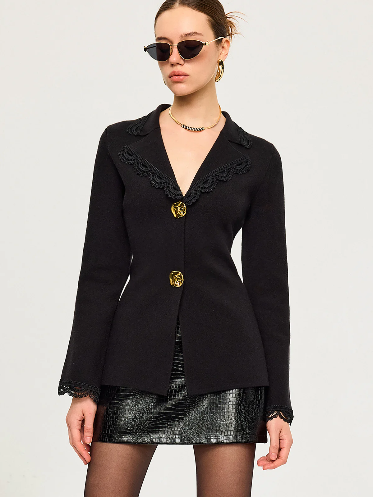 Wool Blend Lace Trim Metal Button Cardigan - Wholesalesil