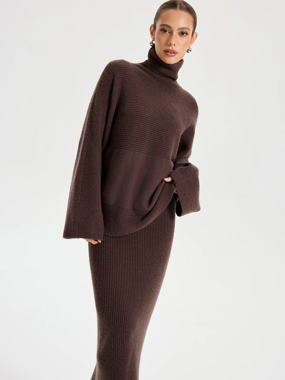 Turtleneck Knit Top and Maxi Skirt Set - Wholesalesil