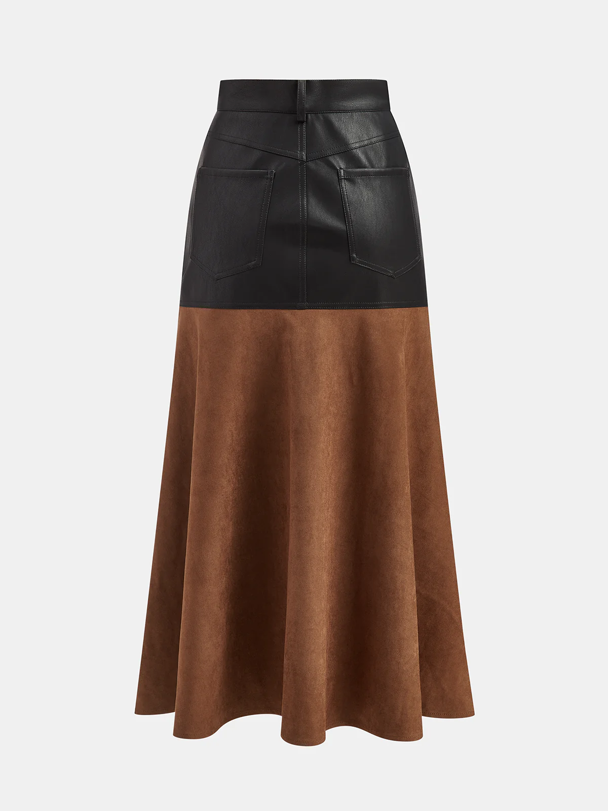 Faux Leather Panel Suede Effect Midi Skirt - Wholesalesil