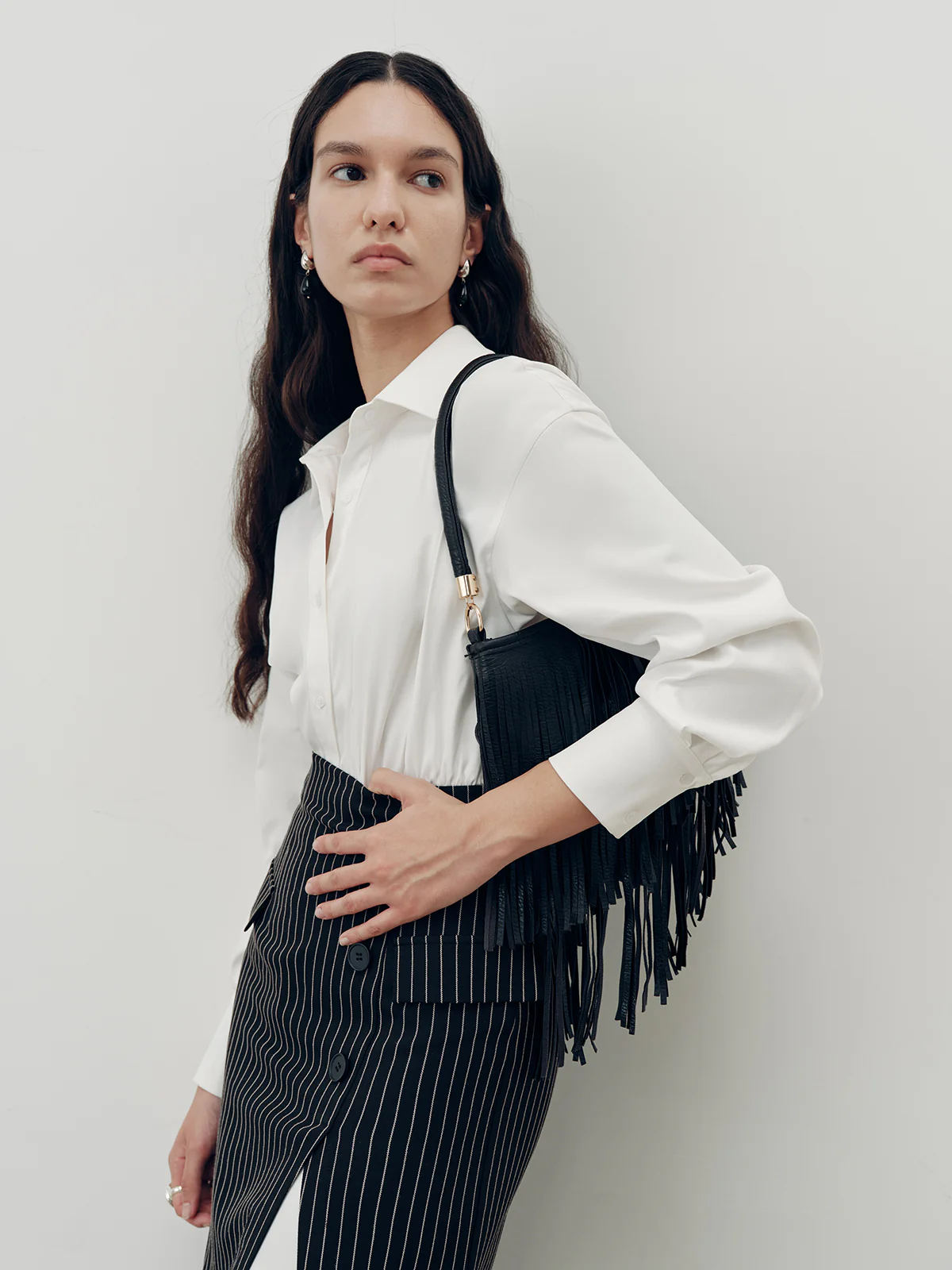 Shirt Dress and Pinstripe Slit Skirt Two-Piece Set - Wholesalesil