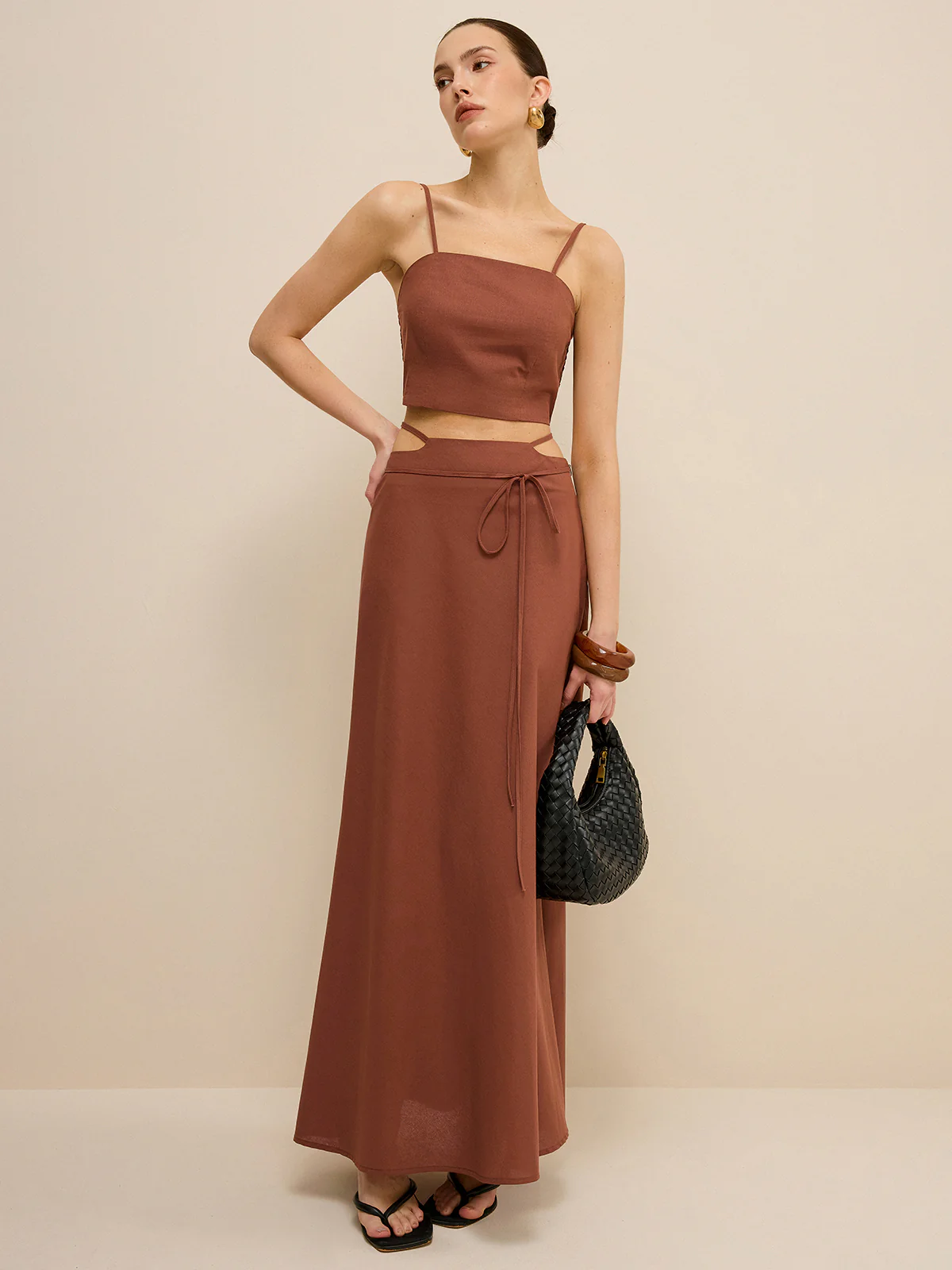 Cut-Out Waist Tie-Detail Skirt Set - Wholesalesil