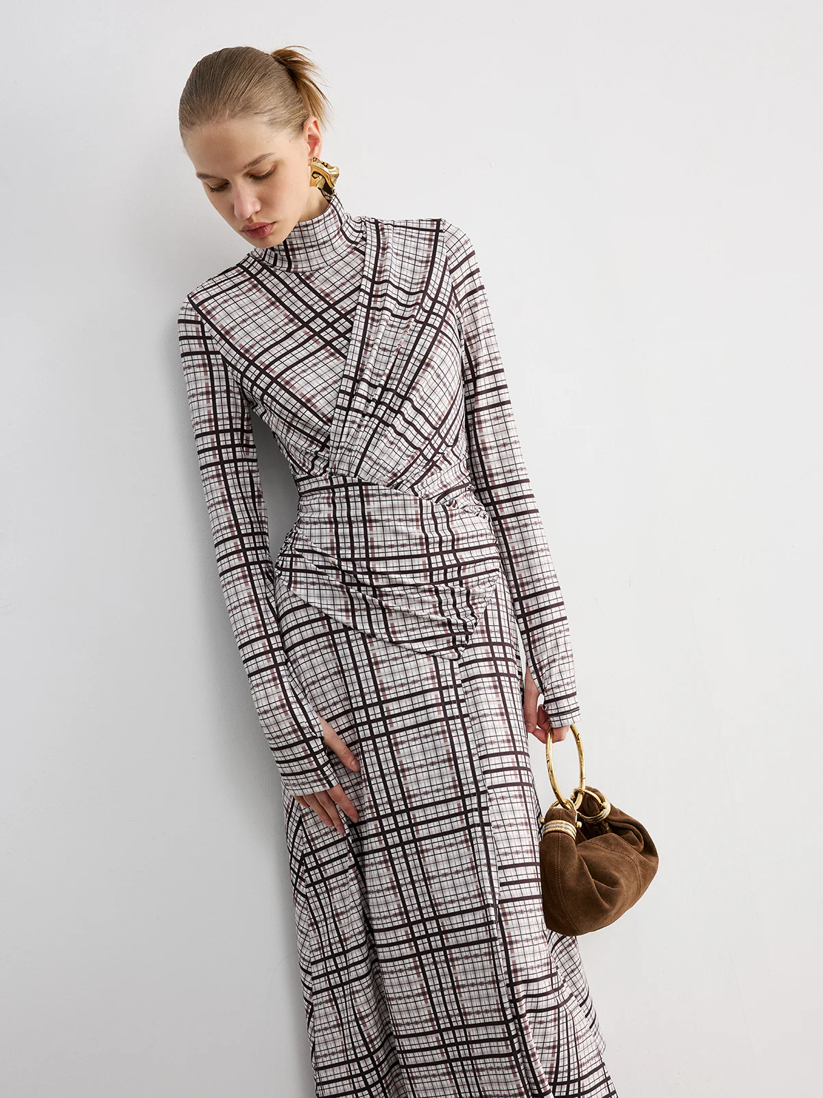 Checked Long-Sleeve Mock Neck Maxi Dress - Wholesalesil