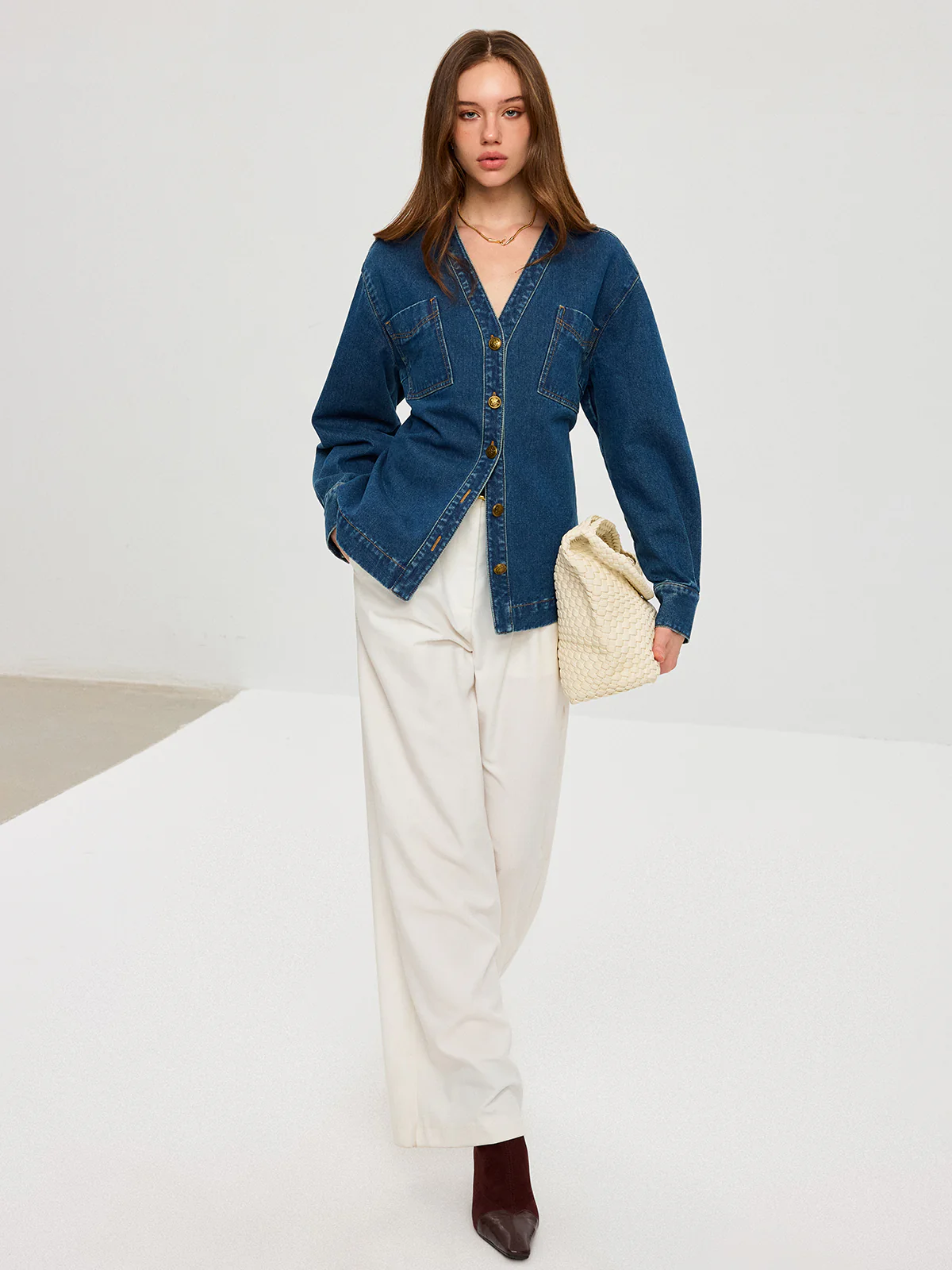Denim V-Neck Button-Front Jacket - Wholesalesil