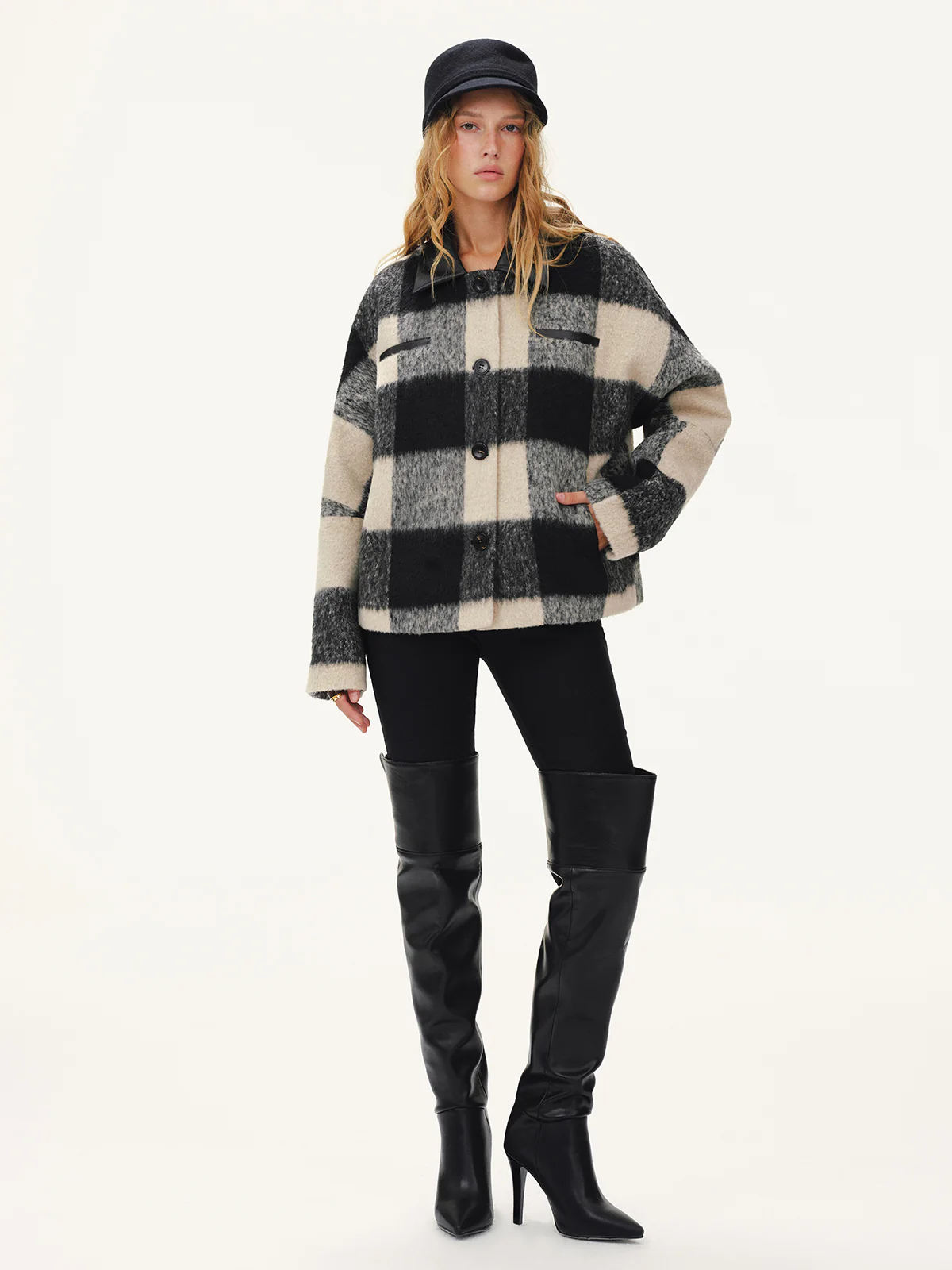 Faux Leather Collar Plaid Faux Cashmere Coat - Wholesalesil