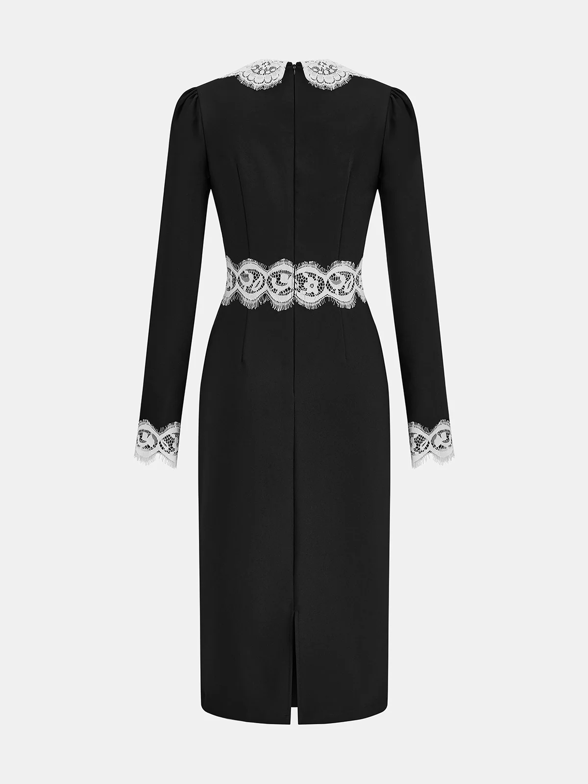 Lace Paneled Collared Long Sleeve Midi Dress - Wholesalesil
