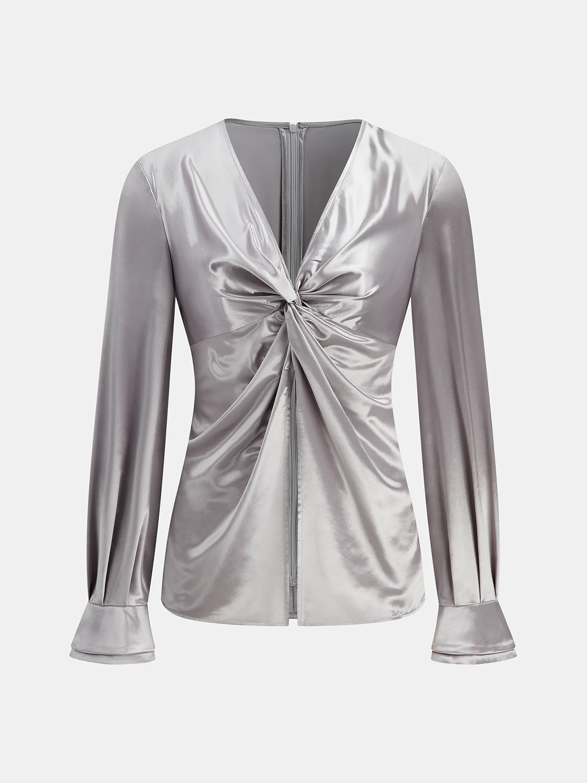 Long Sleeve V-Neck Knot Front Satin Blouse - Wholesalesil