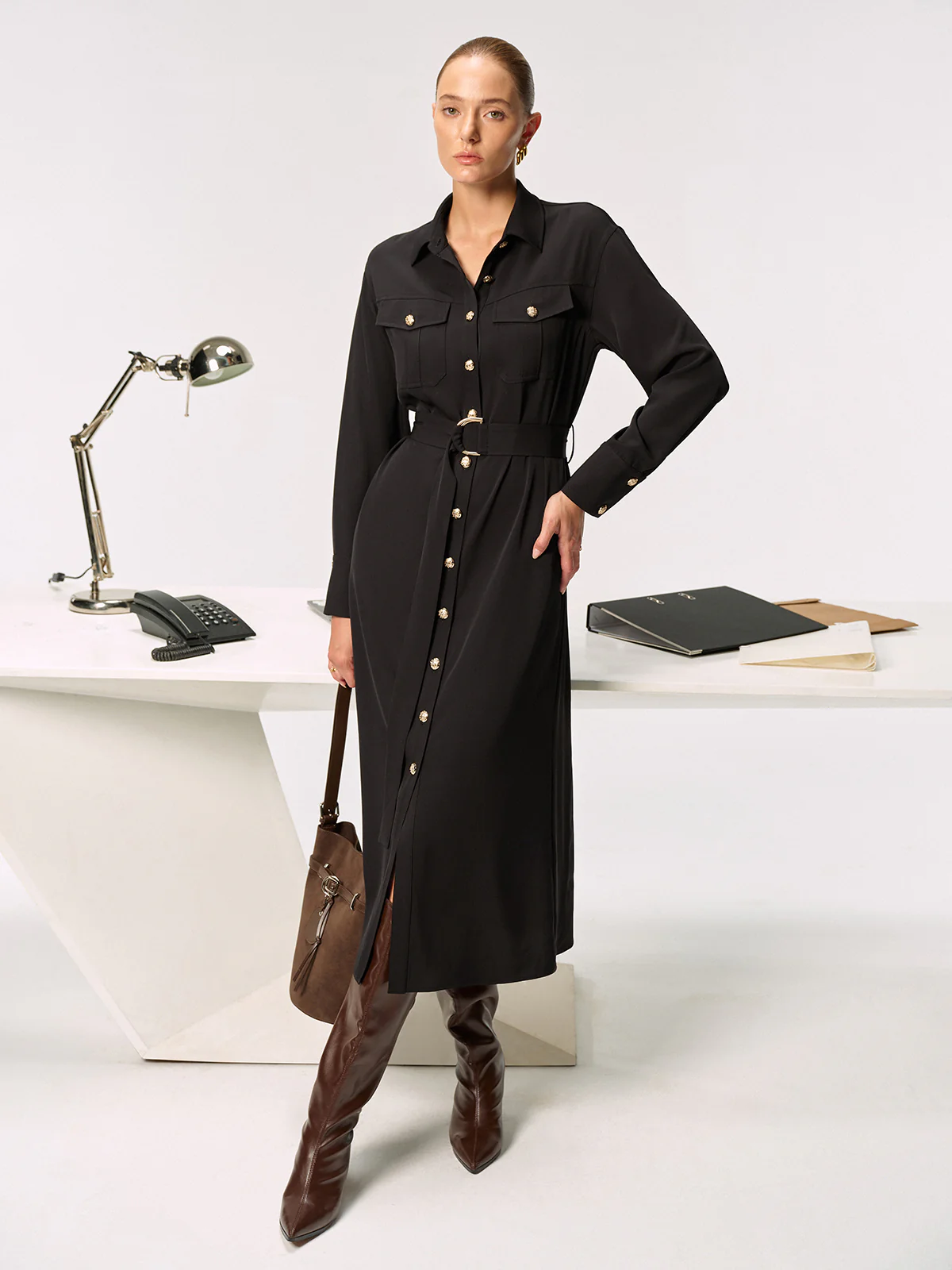 Metal Button-Front Belted Shirt Dress - Wholesalesil