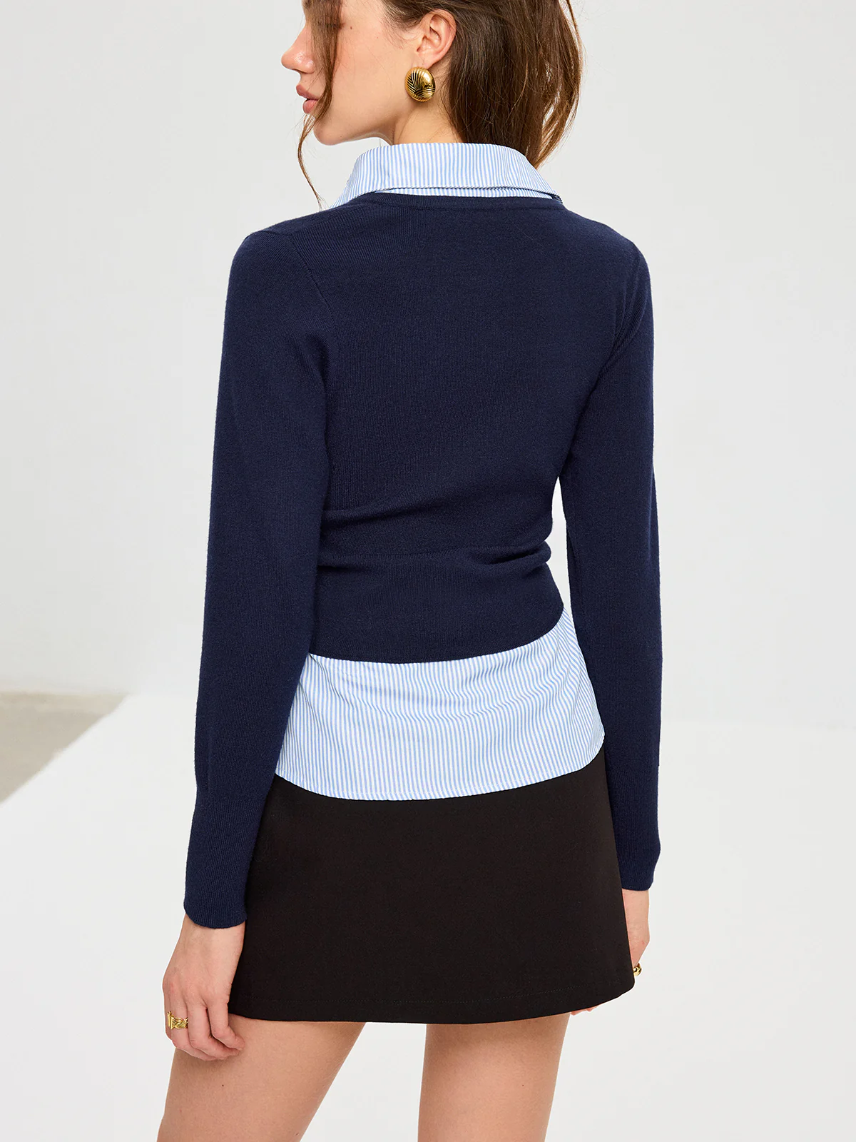 Striped Shirt Panel Metal Button Knit Top - Wholesalesil