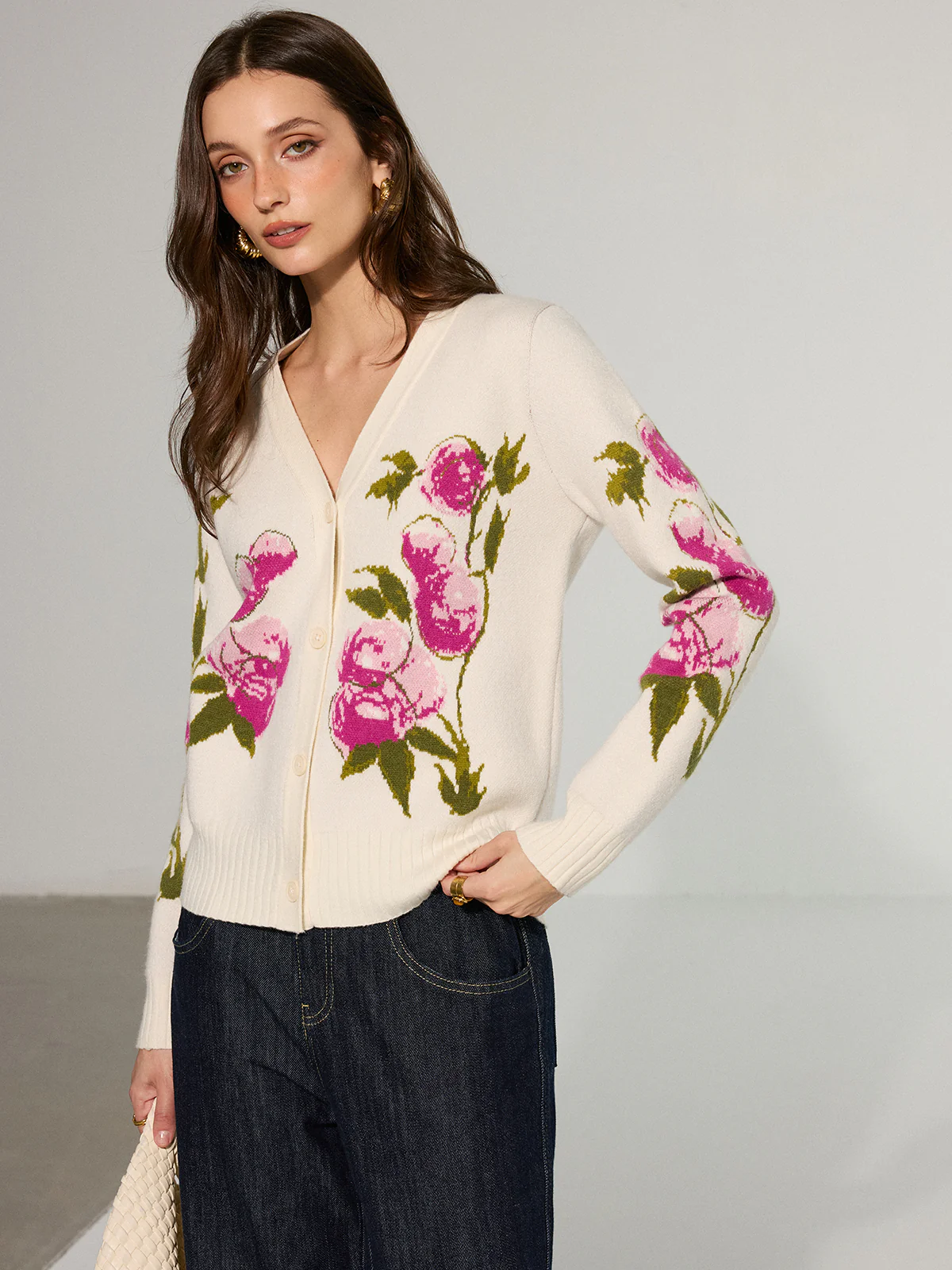 Floral V-Neck Button-Front Cardigan - Wholesalesil