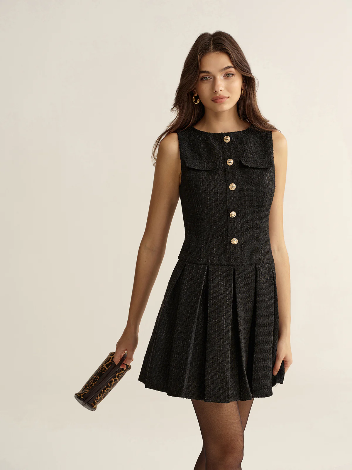 Metal Detail Tweed Pleated Mini Dress - Wholesalesil