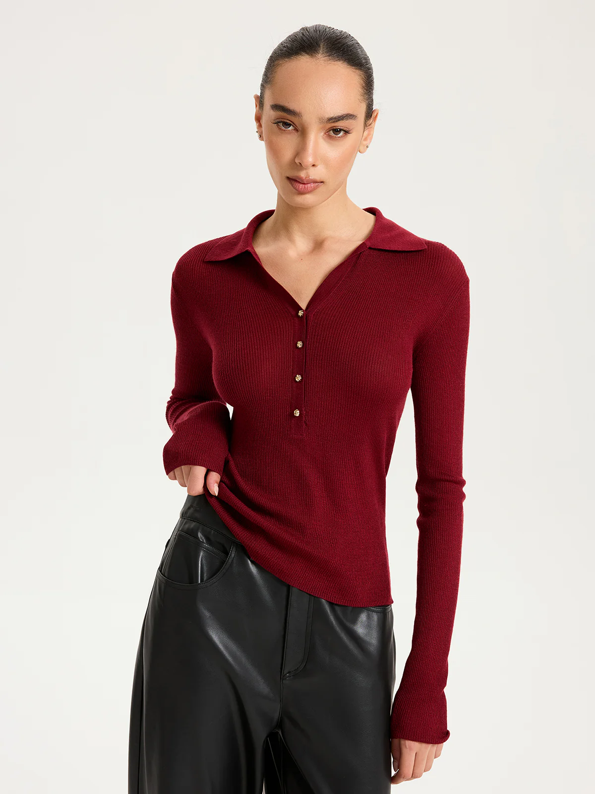 Wool-Blend Buttoned Long Sleeve Polo Knit Top - Wholesalesil